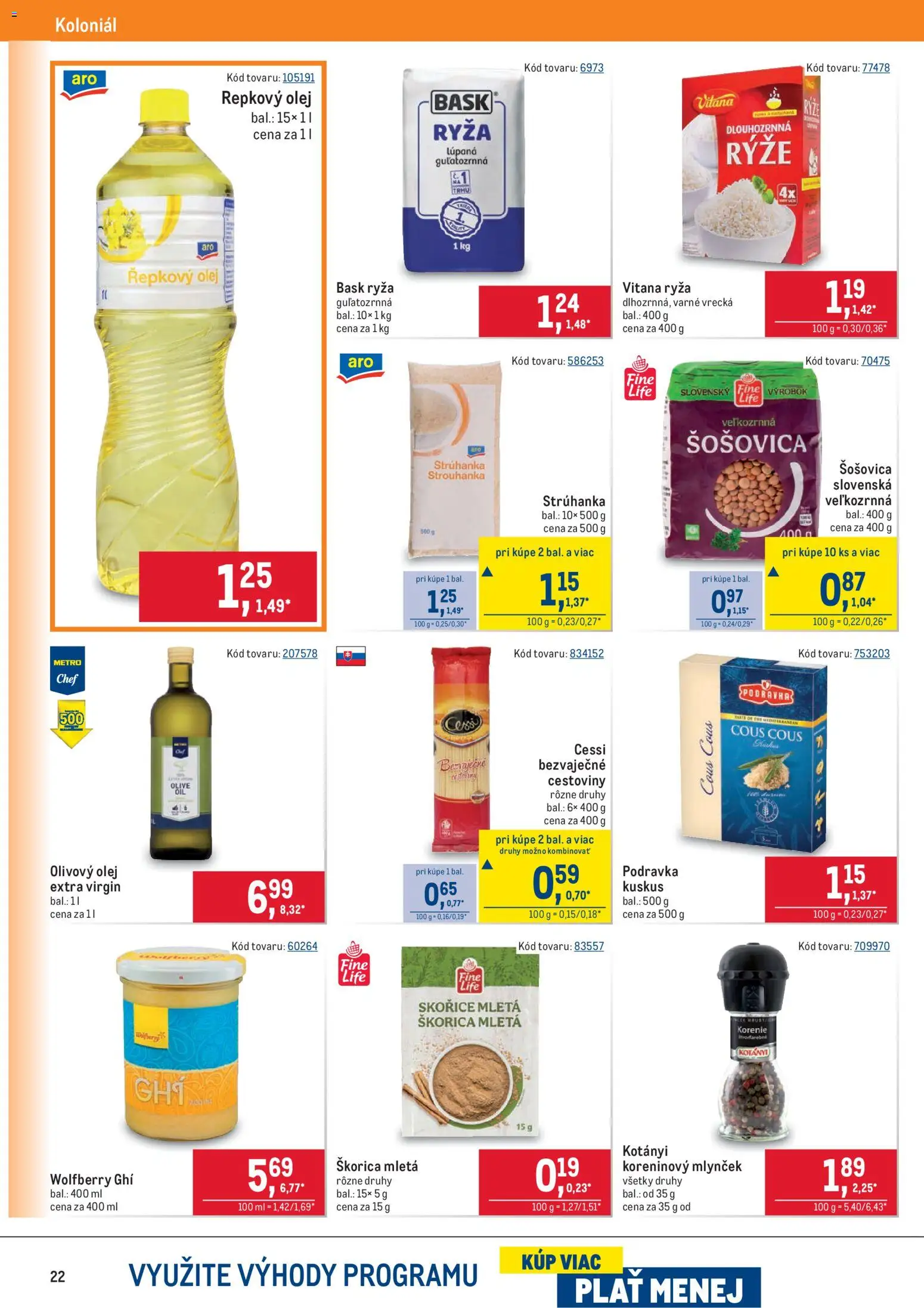 Nové Metro akcie – leták je platný od 19.11.2025 | Strana: 22 | Produkty: Olej, Ryža, Cestoviny, Olivový olej