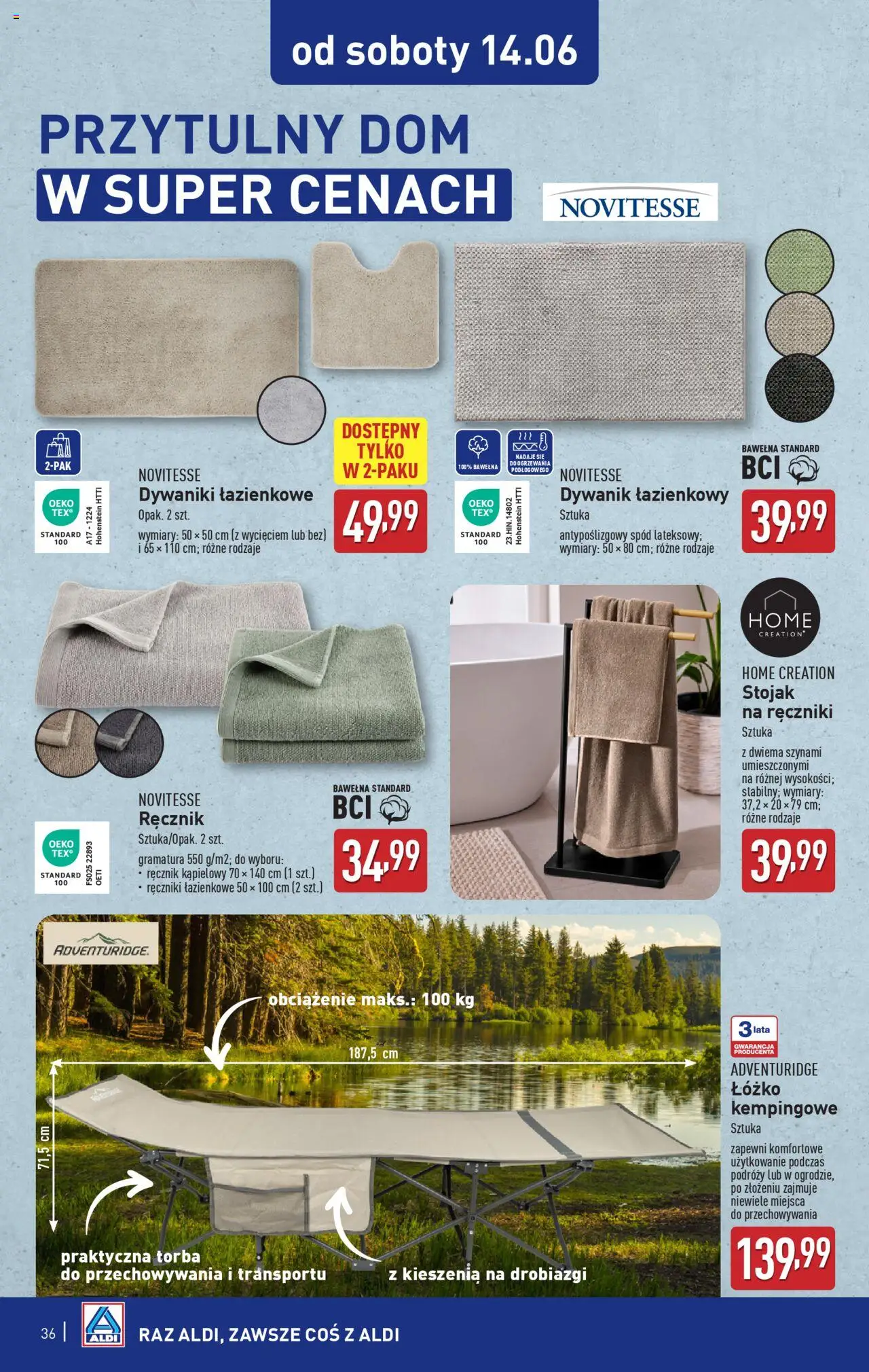 Aldi Gazetka od 09.06.2025 | Strona: 36 | Produkty: Dywaniki, Dywanik łazienkowy, Torba, Łóżko