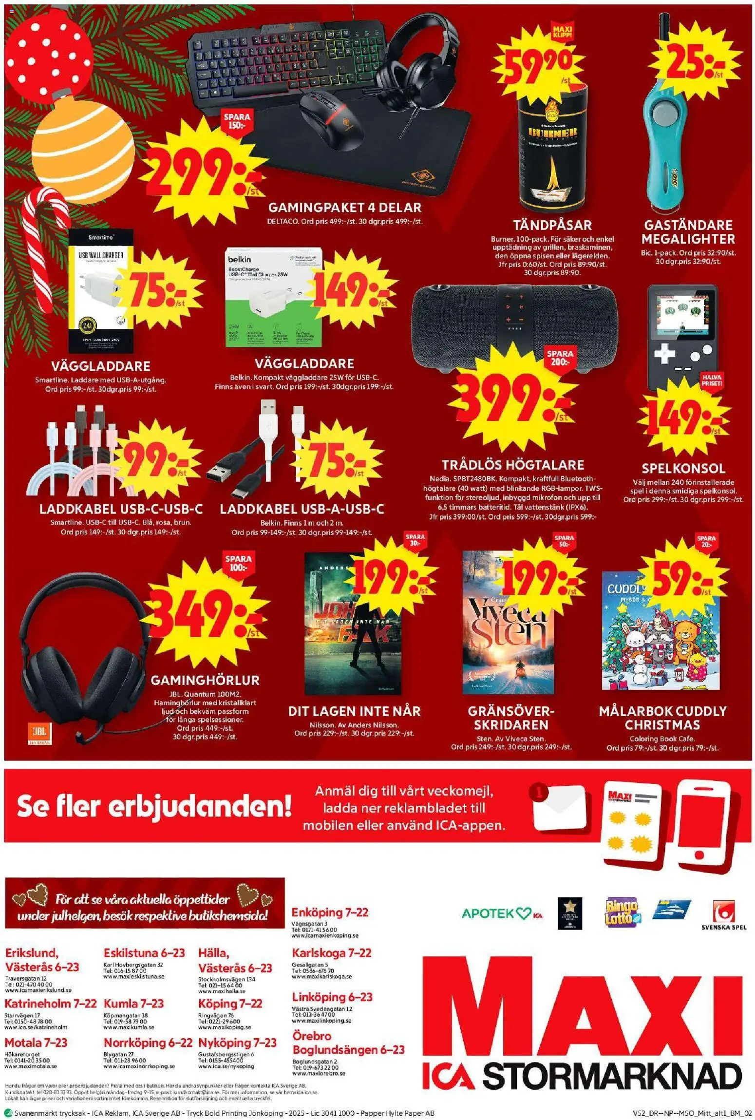 ICA Maxi reklamblad aktuell från 22.12.2025 | Sida: 16 | Produkter: Bluetooth-högtalare, Laddare, USB, Headset