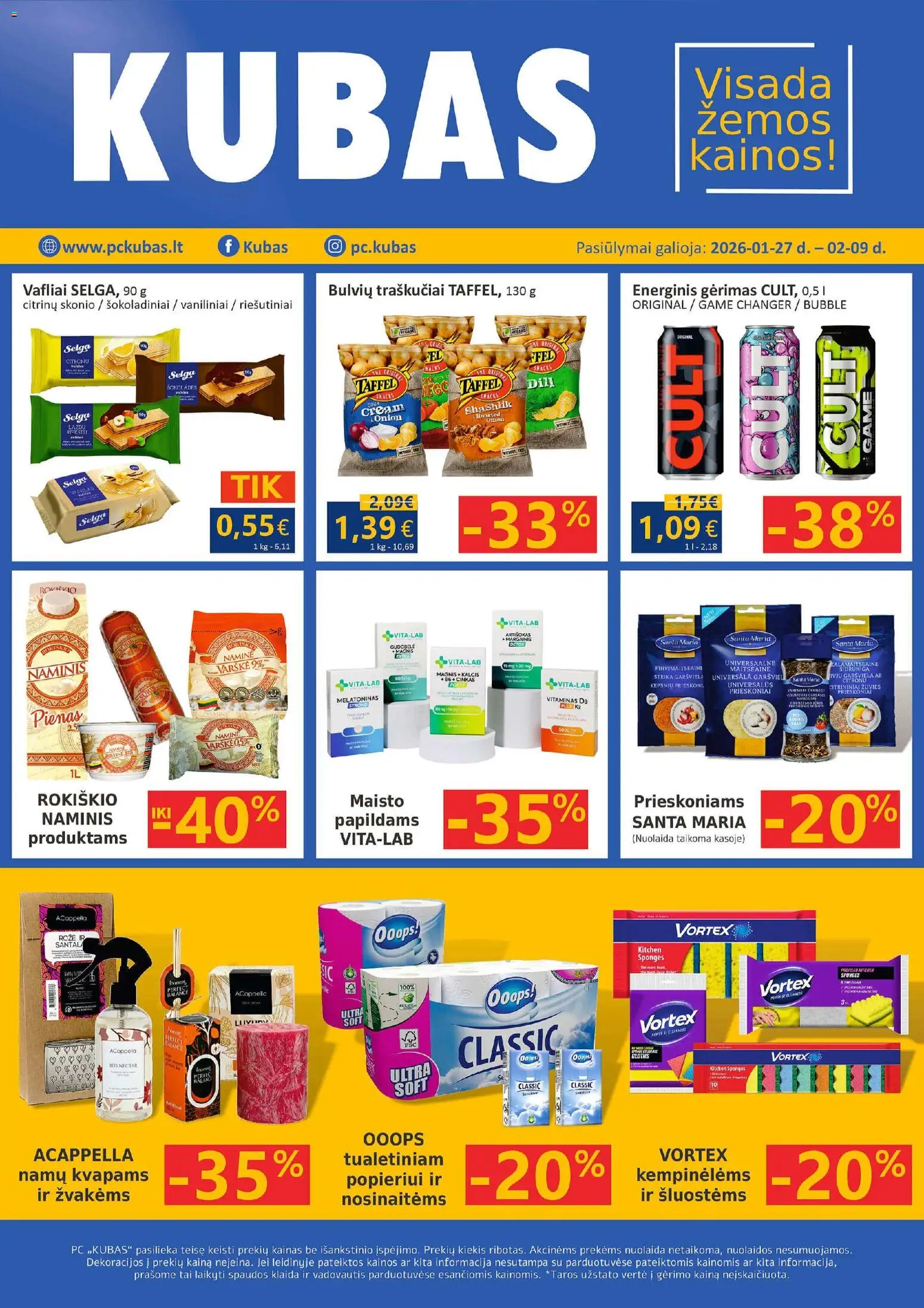 Kubas akcijos nuo 27.01.2026 | Puslapis: 1 | Prekių: Pienas, Varškė, Prieskoniai, Vafliai