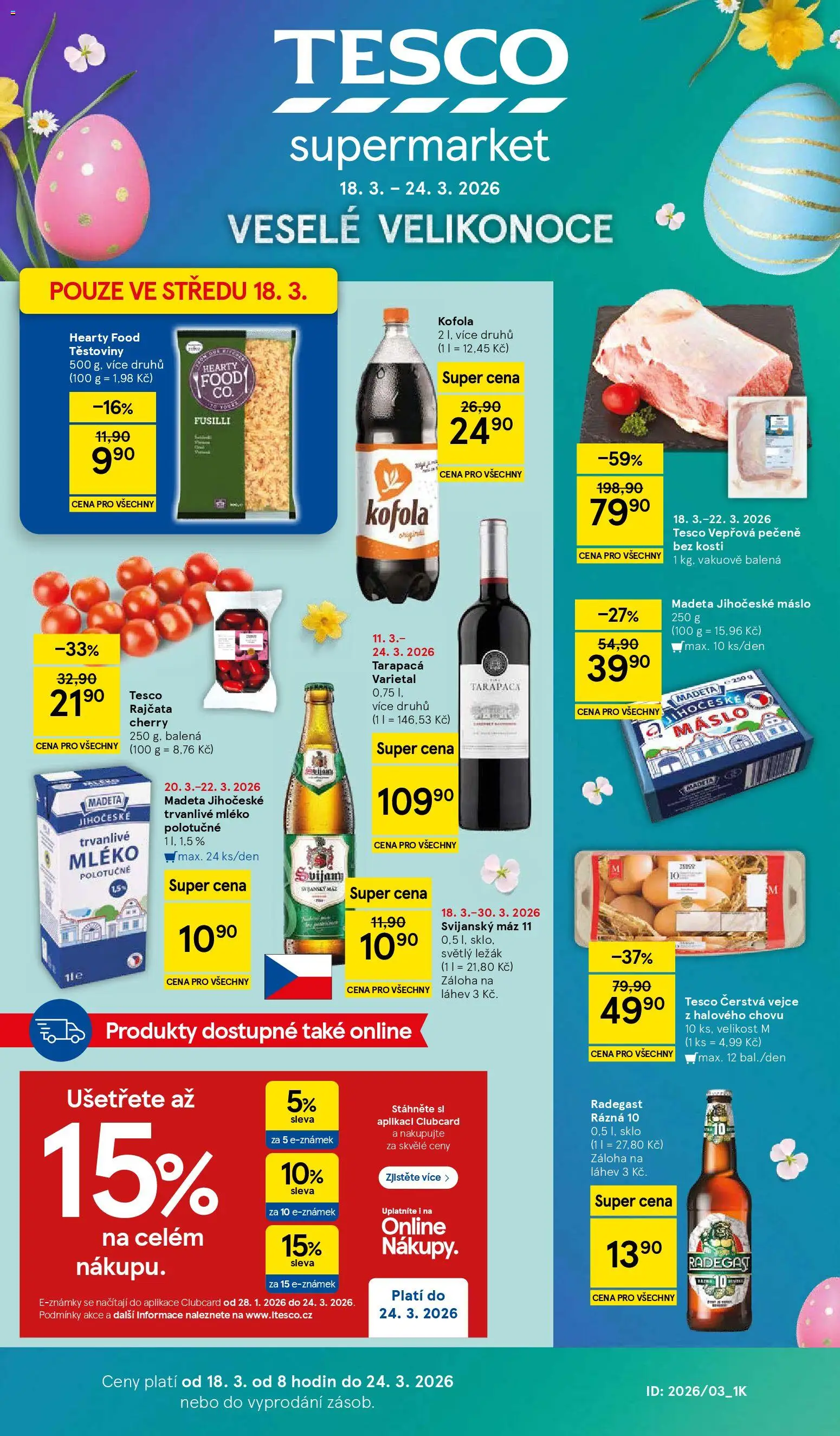 Tesco leták - Supermarket od 18.03.2026 | Strana: 1 | Produkty: Vejce, Těstoviny, Madeta Jihočeské máslo, Jihočeské máslo