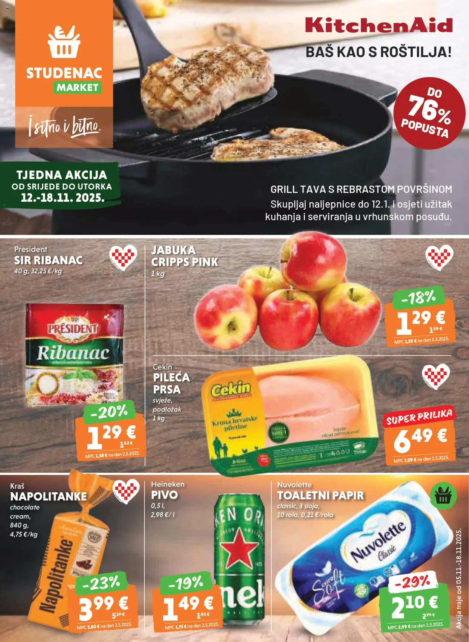 Studenac katalog | vrijedi od 12.11.2025 | Stranica: 1 | Proizvodi: Sir, Grill tava, Heineken, Jabuka