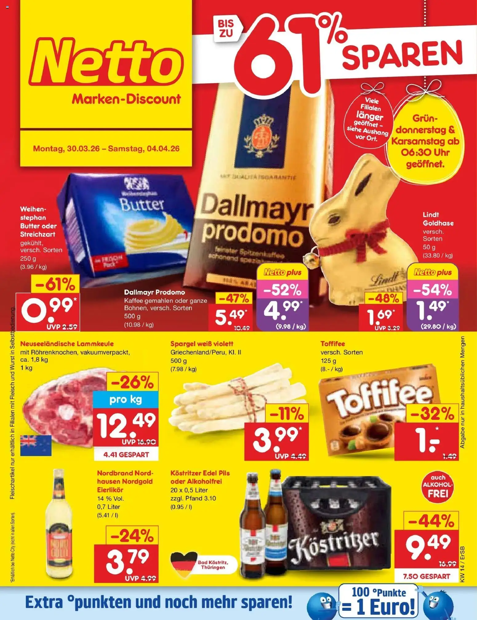 Netto Marken-Discount Prospekt Nordhausen	 – gültig ab 30.03.2026 | Seite: 1 | Produkte: Kostritzer, Dallmayr, Toffifee, Lindt