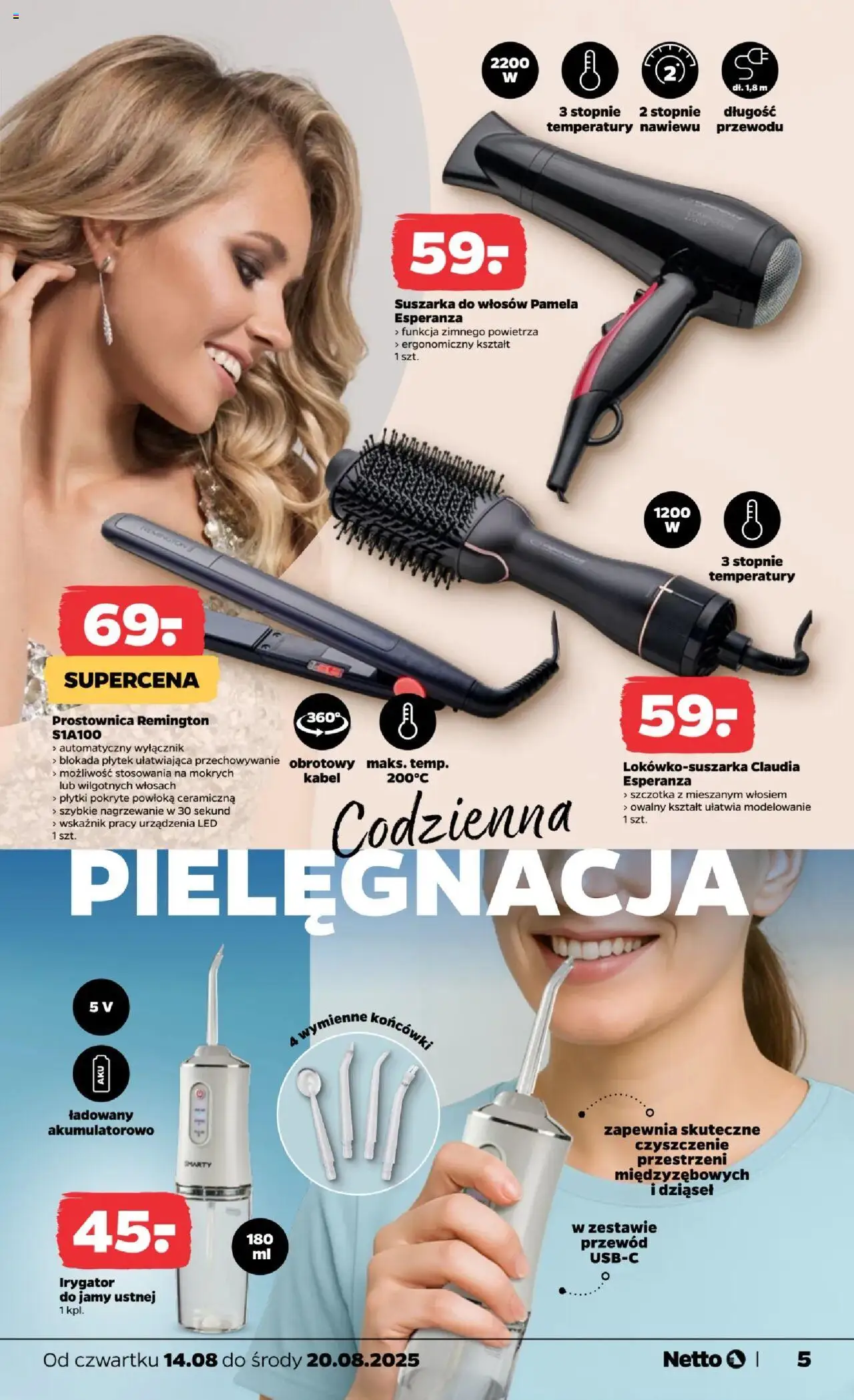 Netto gazetka - Non Food od 14.08.2025 | Strona: 5 | Produkty: Kabel, Suszarka, Szczotka, Irygator