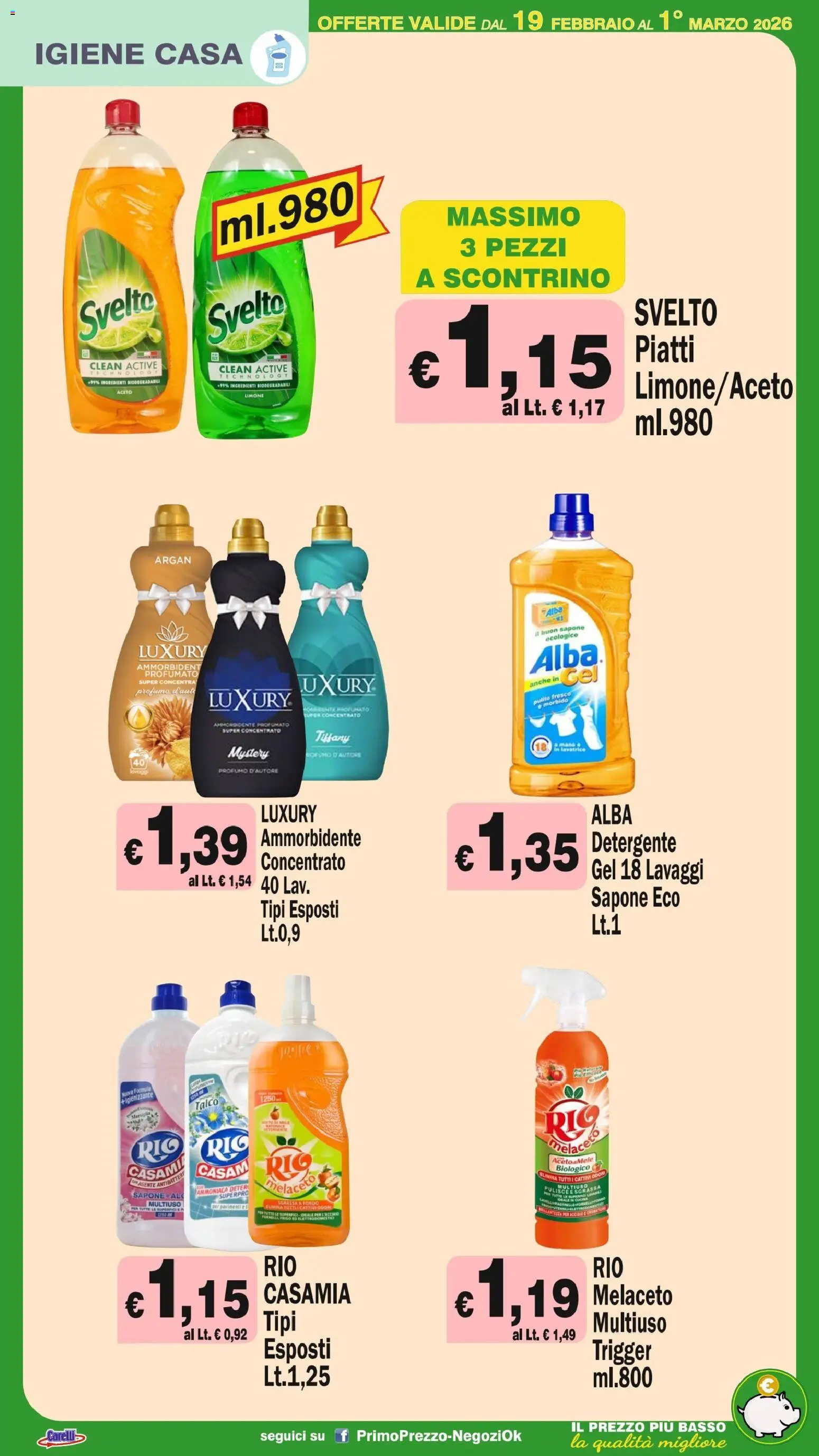 Volantino Primo Prezzo del 19.02.2026 | Pagina: 21 | Prodotti: Mele, Ammorbidente, Limone, Profumo