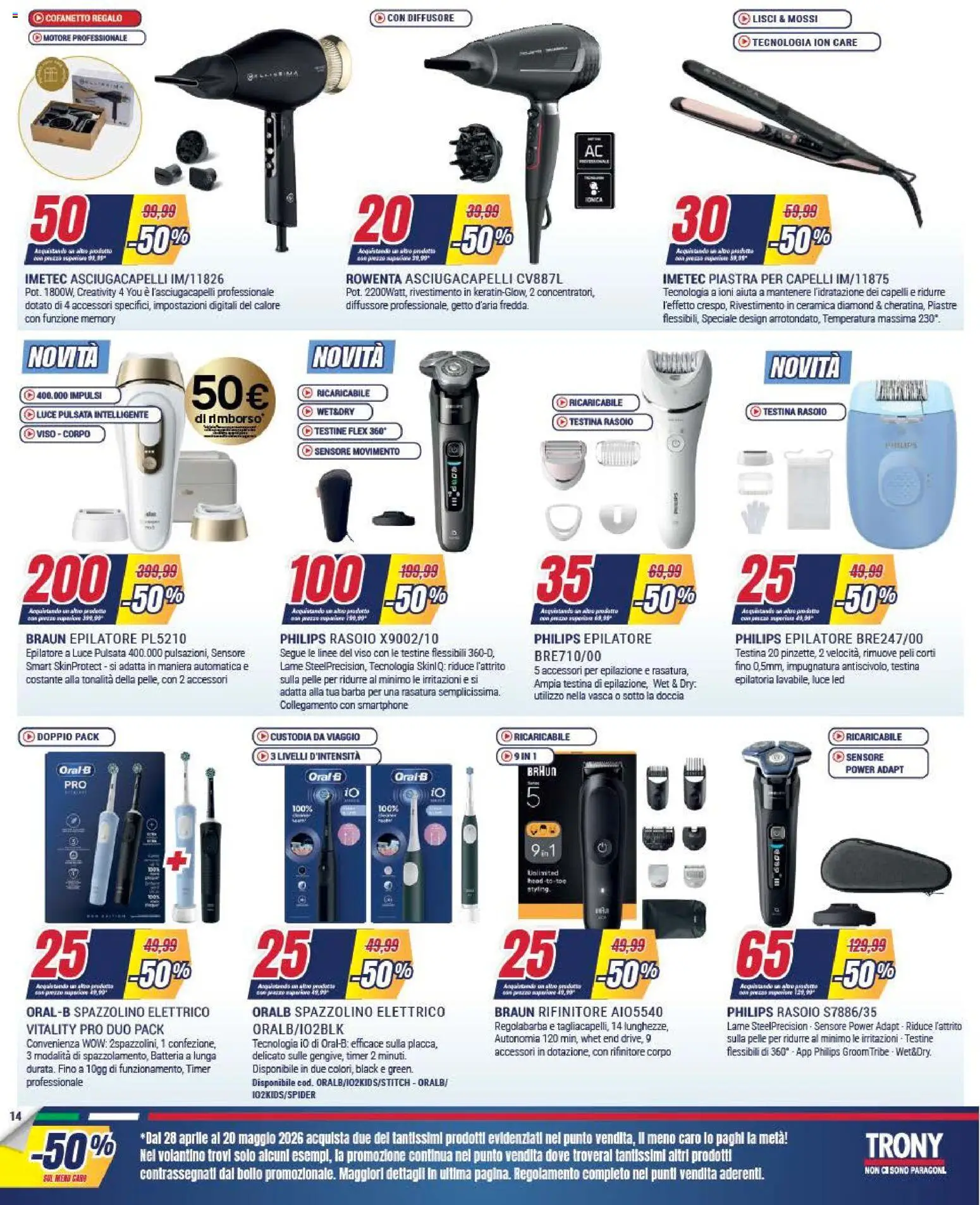 Volantino Trony del 28.04.2026 | Pagina: 14 | Prodotti: Smartphone, Piastra per capelli, Spazzolino elettrico, Batteria