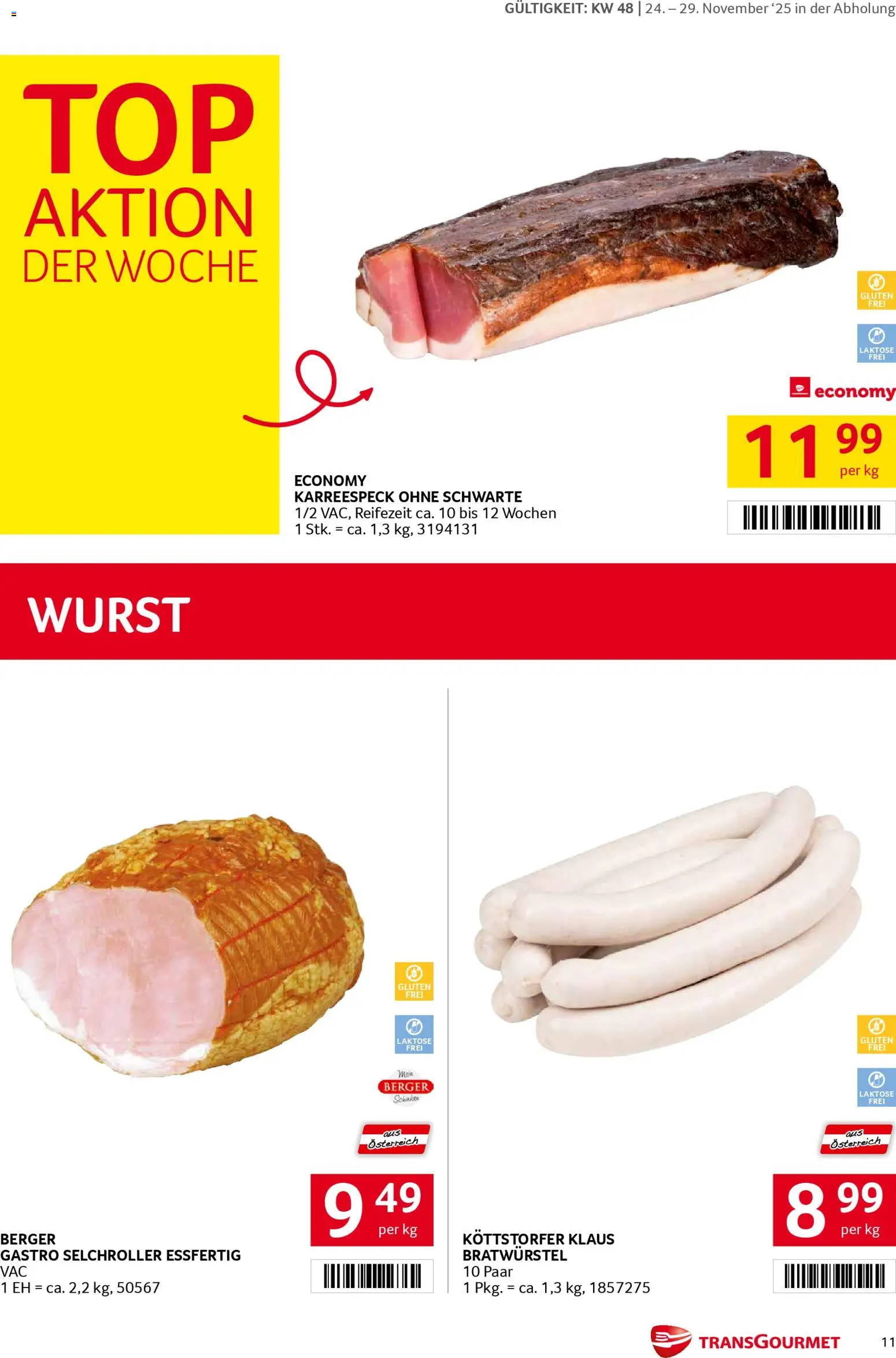 Transgourmet Flugblatt gültig ab 24.11.2025 | Seite: 11 | Produkte: Wurst