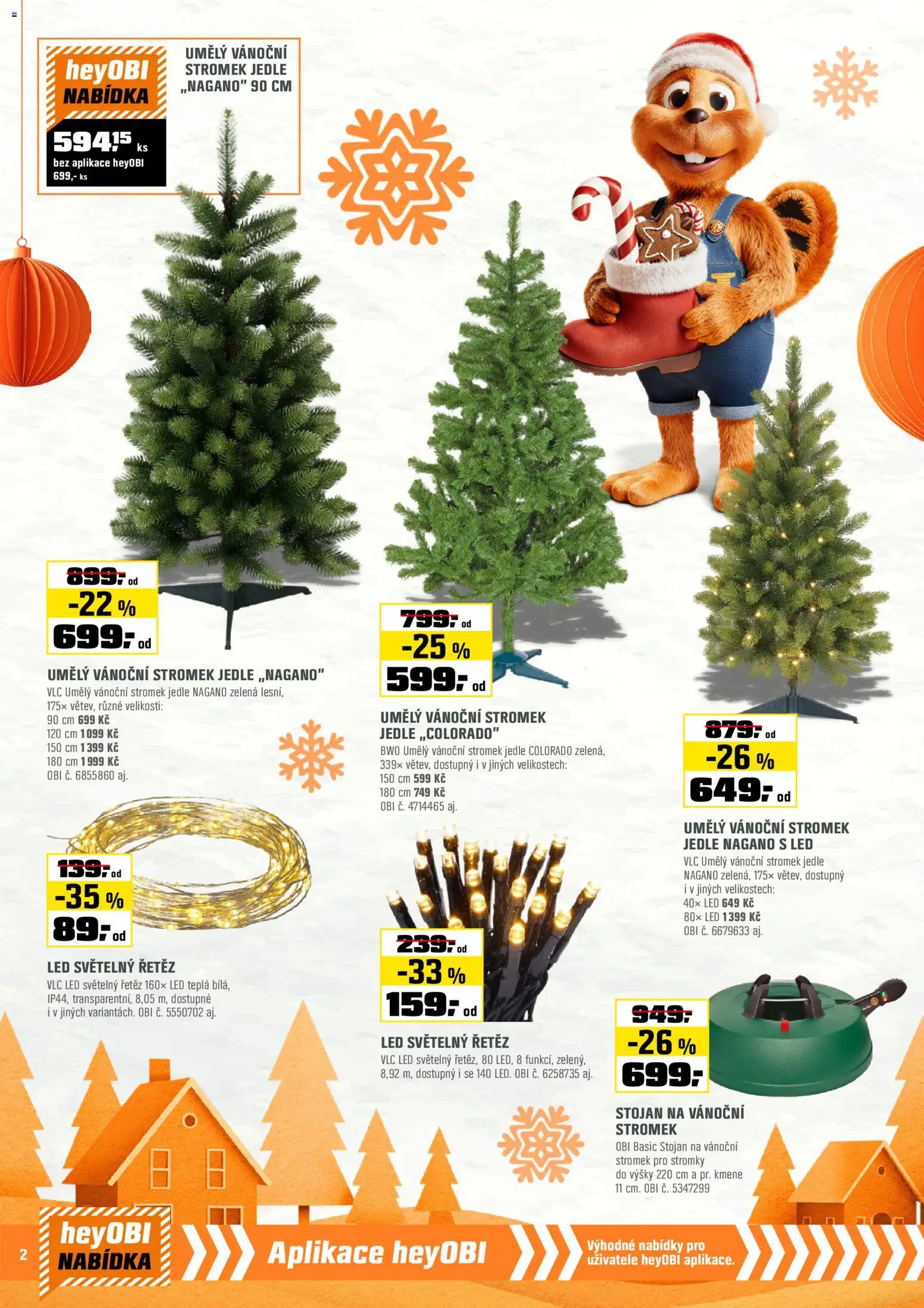 OBI leták - Barevná sezóna od 14.11.2025 | Strana: 2 | Produkty: Stojan na vánoční stromek, Světelný řetěz, LED
