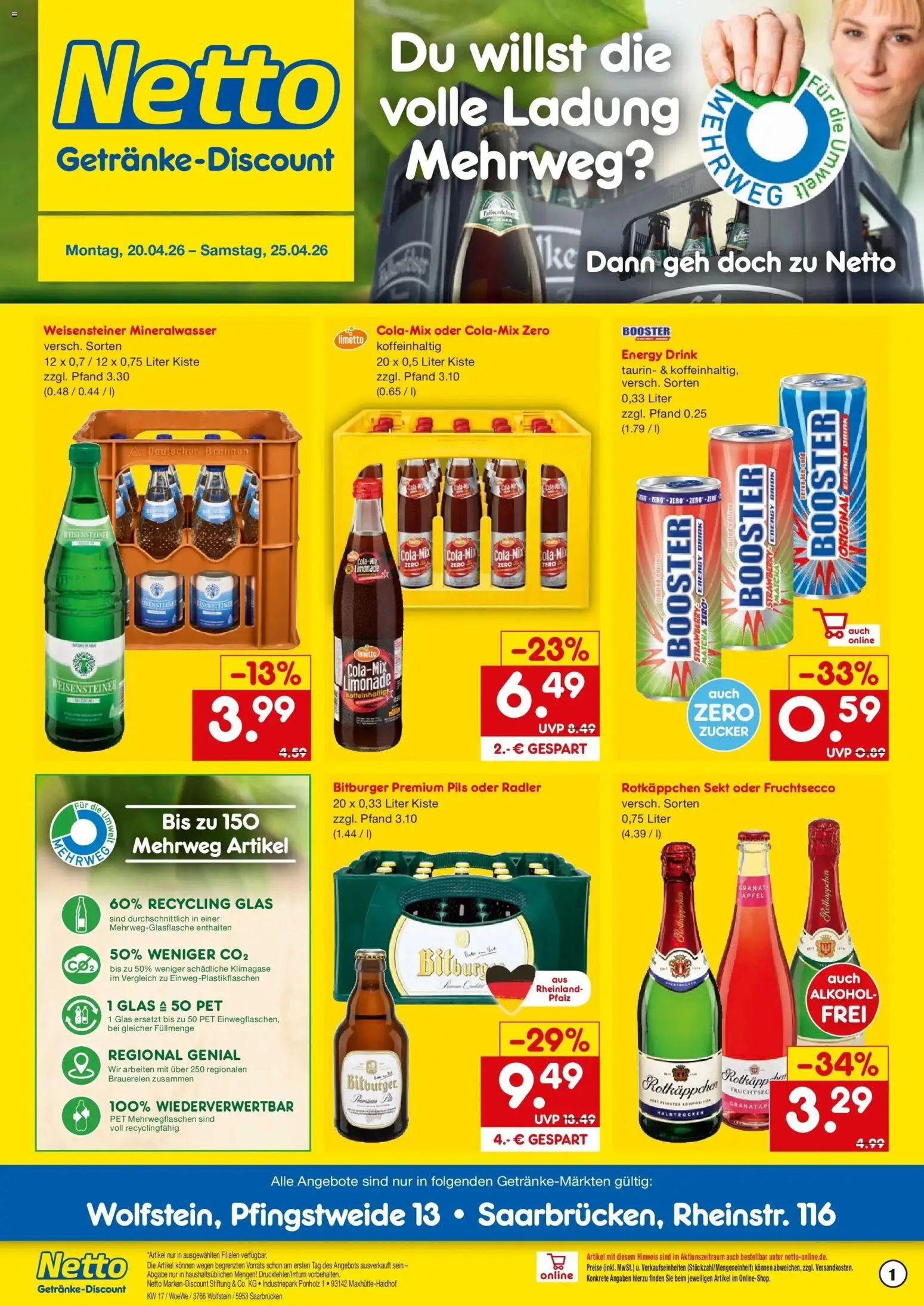 Netto Marken-Discount Prospekt Saarbrücken	 – gültig ab 20.04.2026 | Seite: 1 | Produkte: Pils, Äpfel, Limonade, Fruchtsecco