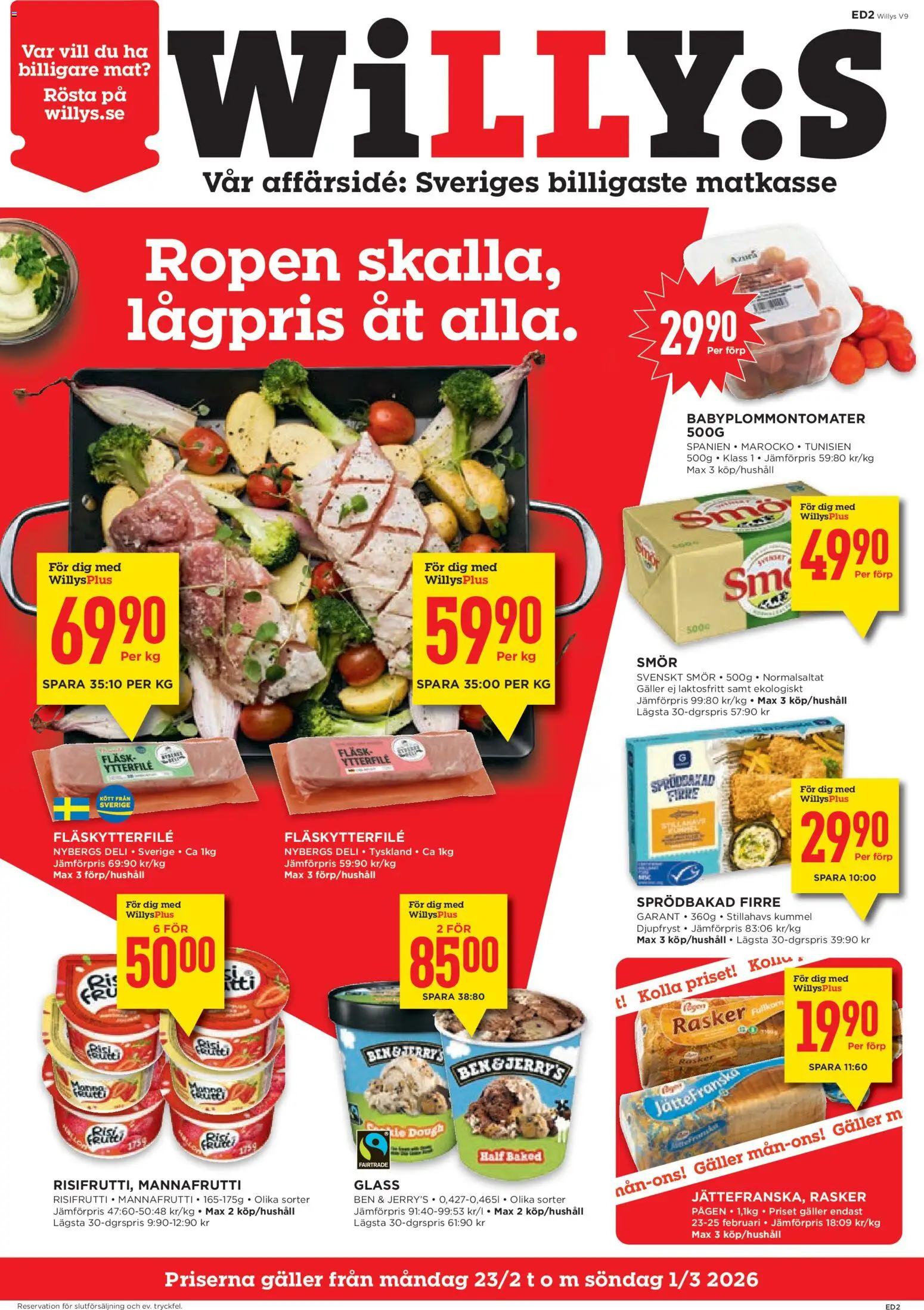 Willys reklamblad aktuell från 23.02.2026 | Sida: 1 | Produkter: Galler, Risifrutti, Smör, Glass