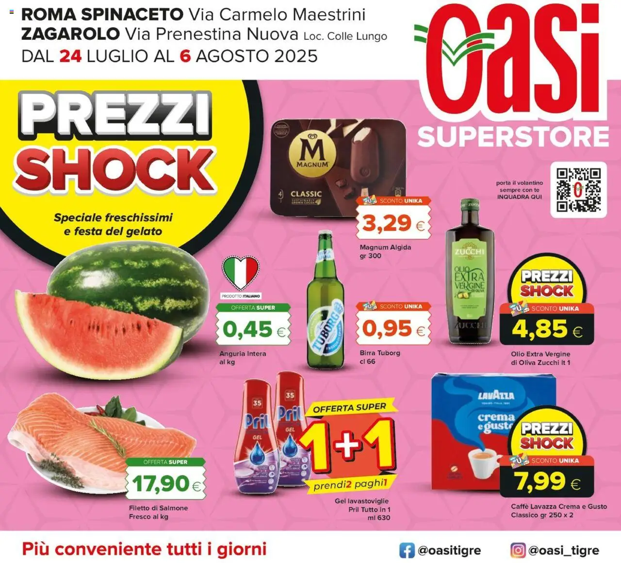 Volantino Oasi del 24.07.2025 | Pagina: 1 | Prodotti: Birra, Salmone, Olio, Anguria