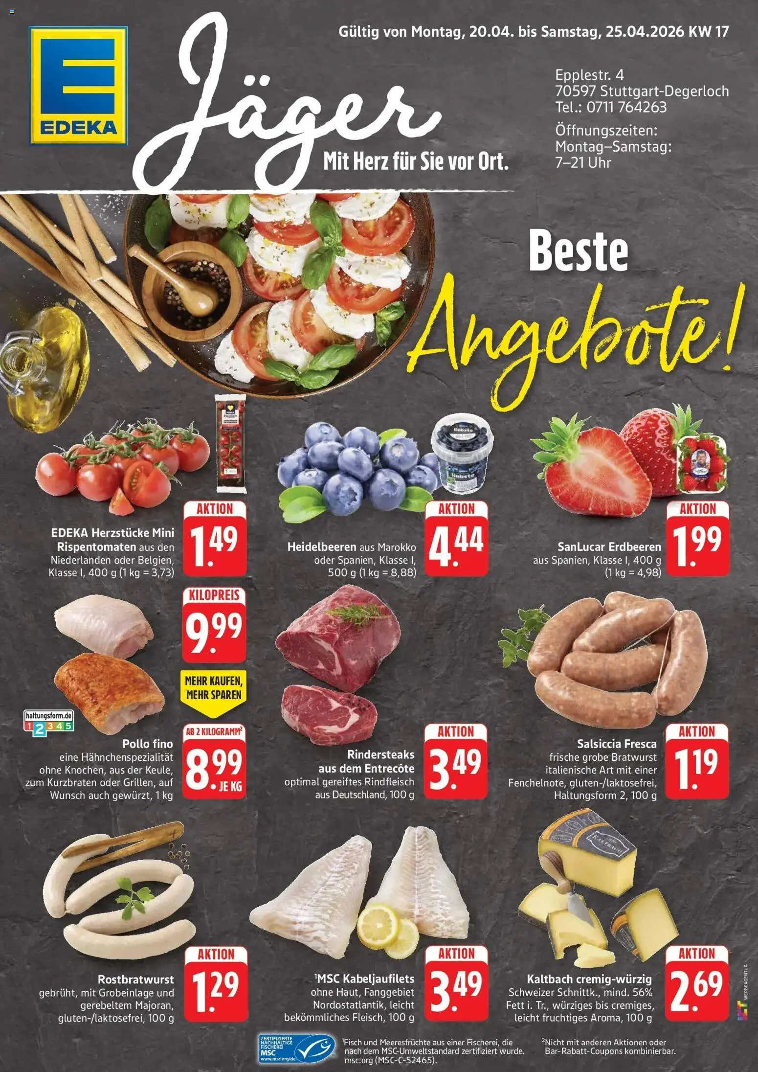 Edeka prospekt Stuttgart-Degerloch	 – gültig ab 20.04.2026 | Seite: 1 | Produkte: Entrecote, Meeresfrüchte, Rindfleisch, Uhr