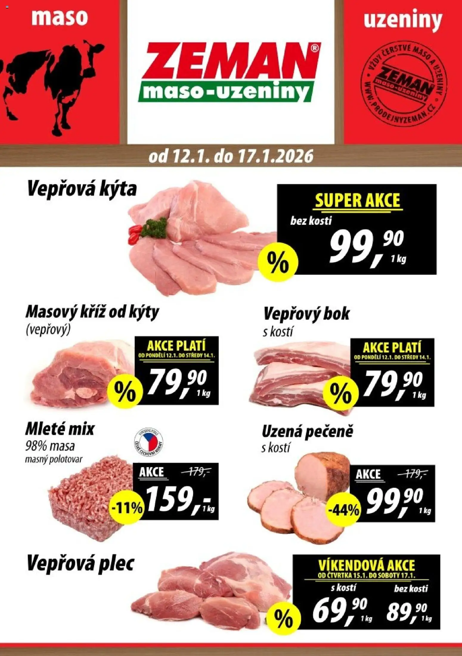 Prodejny Zeman leták - Dačice od 12.01.2026 | Strana: 1 | Produkty: Uzeniny, Maso, Vepřová plec, Vepřová Kýta
