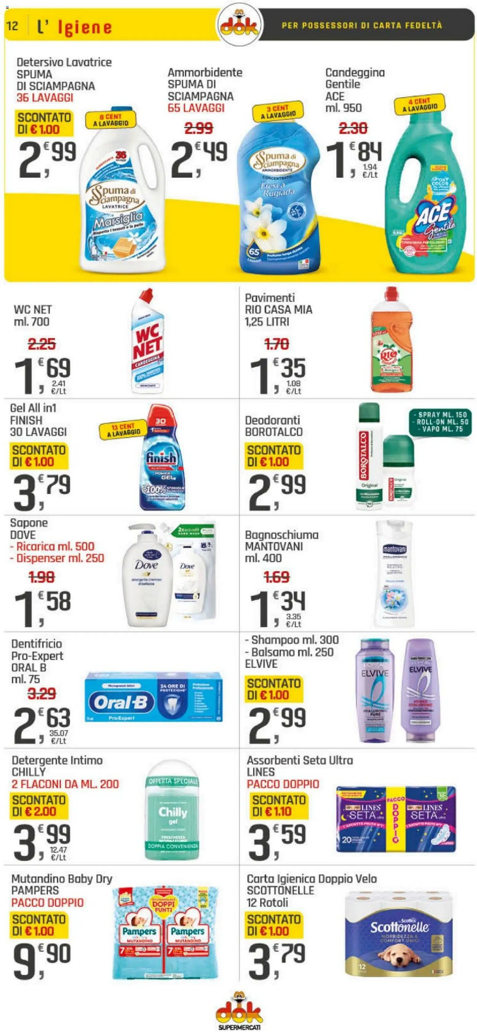 Volantino DOK del 20.04.2026 | Pagina: 12 | Prodotti: Carta igienica, Bagnoschiuma, Ammorbidente, Lavatrice