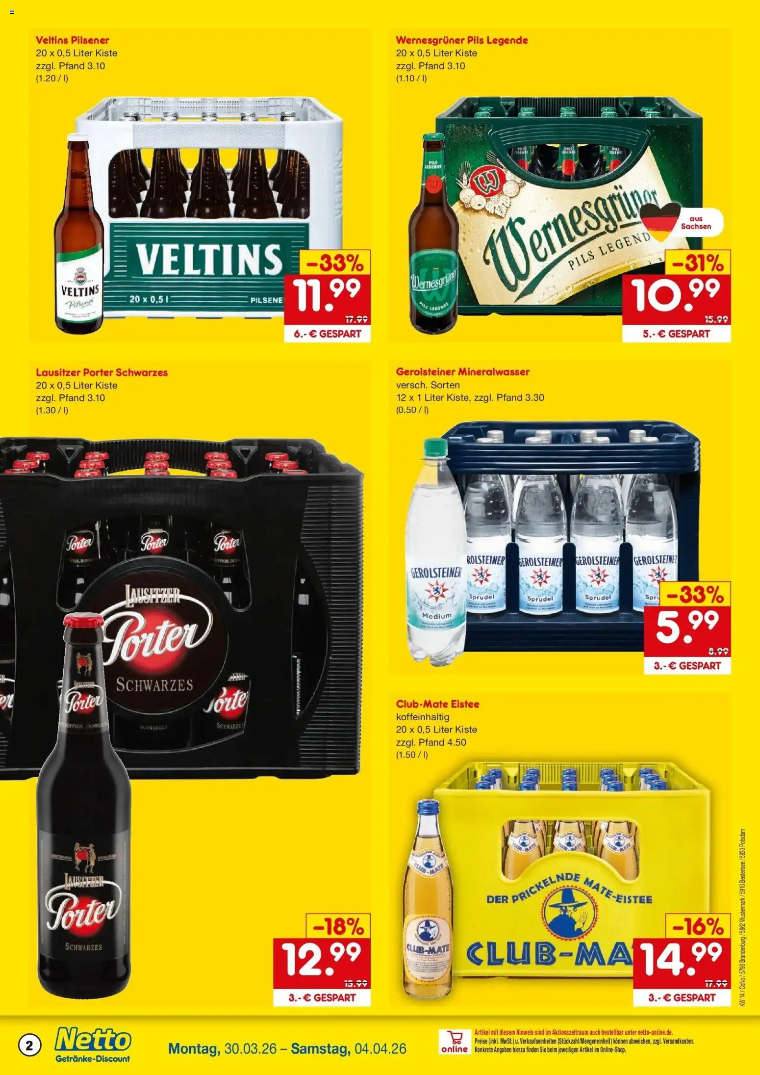 Netto Marken-Discount Prospekt Brandenburg An Der Havel	 – gültig ab 30.03.2026 | Seite: 2 | Produkte: Pils, Wernesgruner, Mineralwasser, Gerolsteiner