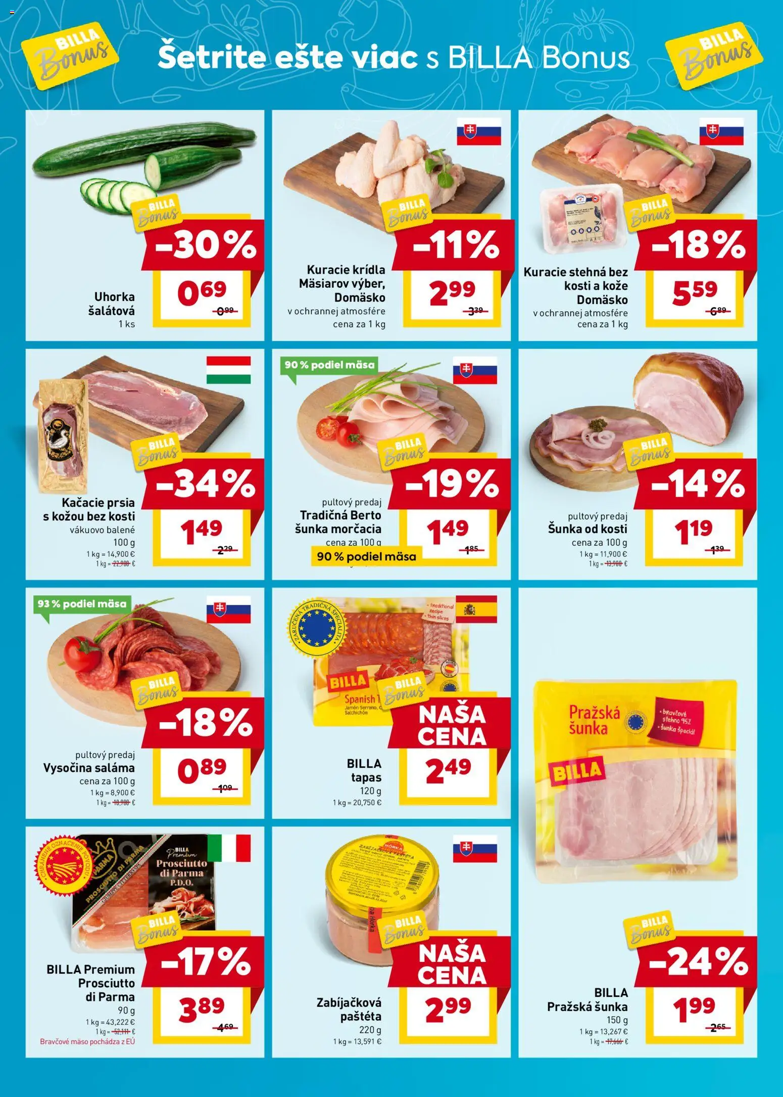 Nové Billa akcie – leták je platný od 29.10.2025 | Strana: 2 | Produkty: Saláma, Šunka, Bravčové mäso, Kuracie krídla