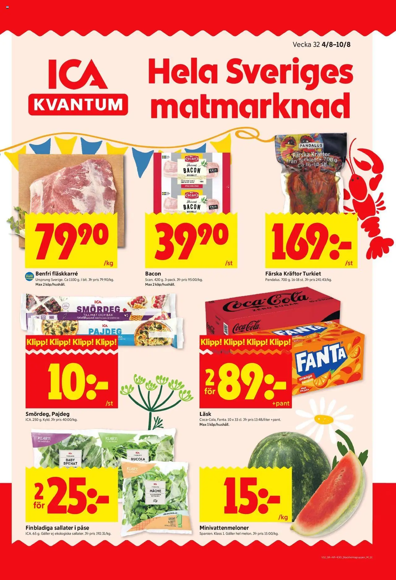 ICA Kvantum reklamblad aktuell från 04.08.2025 | Sida: 1 | Produkter: Galler, Spenat, Coca cola, Fanta