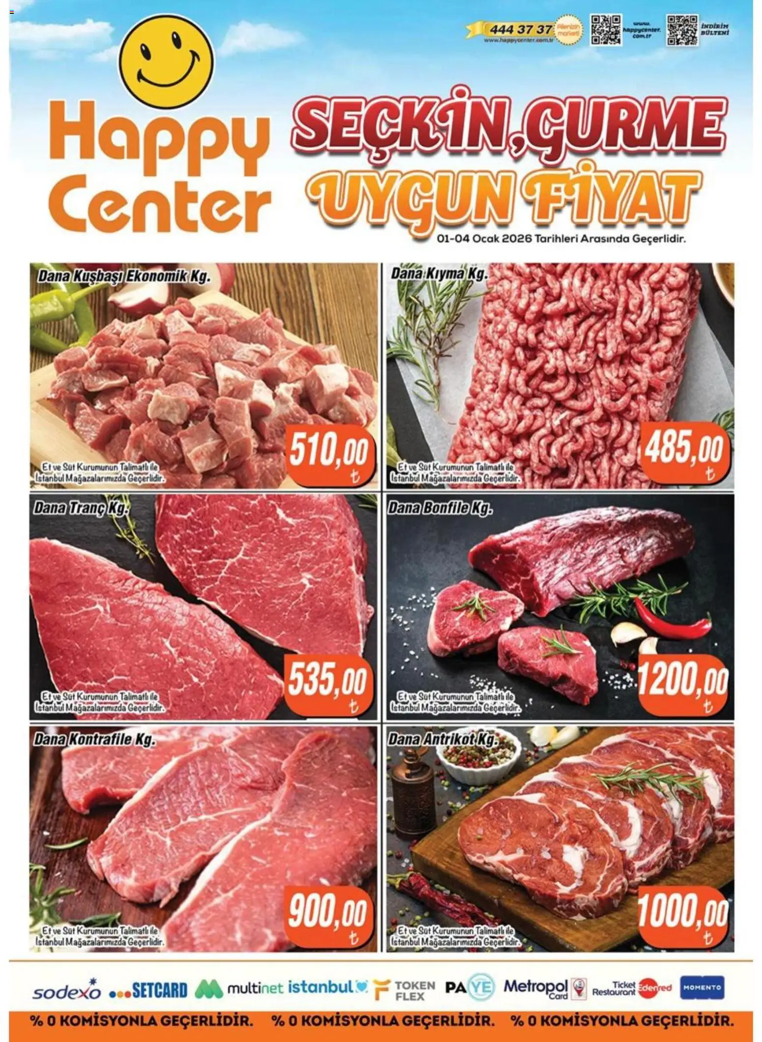 Happy Center Kasap - 01.01.2026 tarihinden itibaren geçerlidir | Sayfa: 1 | Ürünler: Süt, Kıyma, Dana kuşbaşı, Ocak