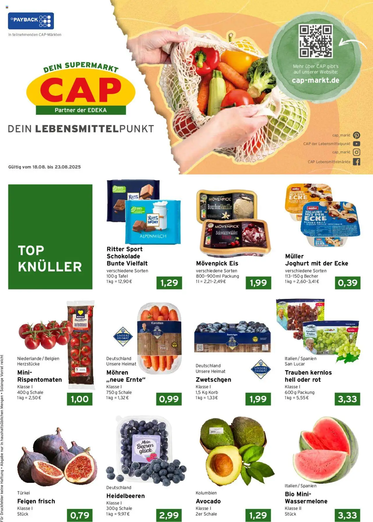 CAP Markt Prospekt 	 - gültig ab dem 18.08.2025 | Seite: 1 | Produkte: Trauben, Ritter sport, Korb, Movenpick eis