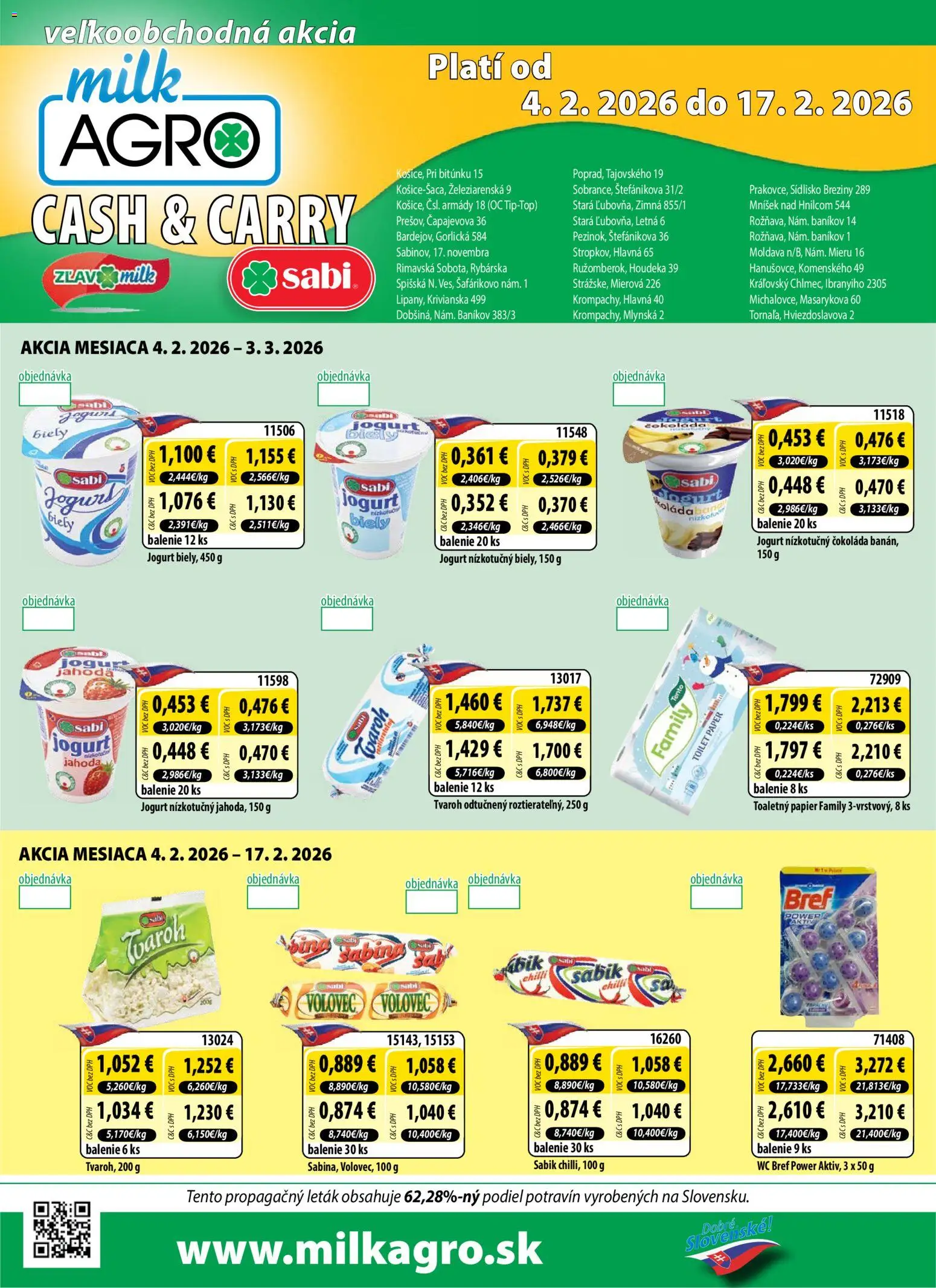 Nové Milk Agro akcie – leták je platný od 04.02.2026 | Strana: 1 | Produkty: Chilli, Wc, Čokoláda, Tvaroh