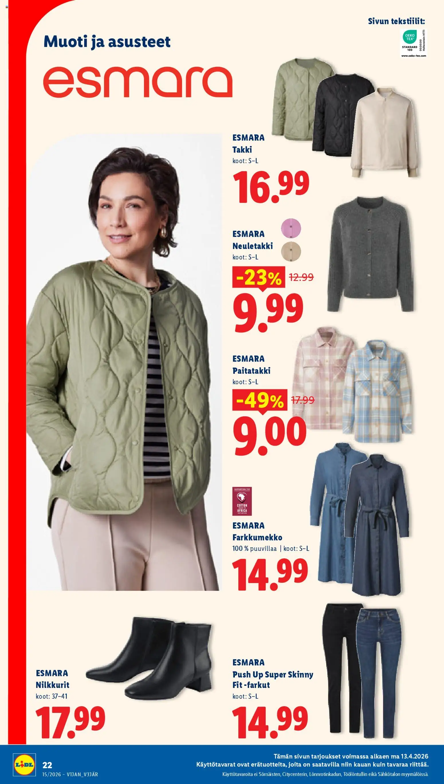 Lidl tarjoukset - Tampere – voimassa 09.04.2026 alkaen | Sivu: 30 | Tuotteet: Neuletakki, Nilkkurit, Takki, Farkut