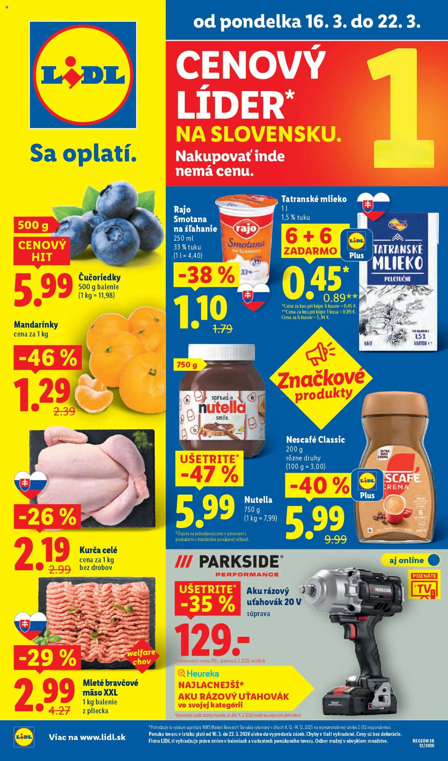 Nové Lidl akcie – leták je platný od 16.03.2026 | Strana: 1 | Produkty: Aku, Parkside, Mlieko, Bravčové mäso