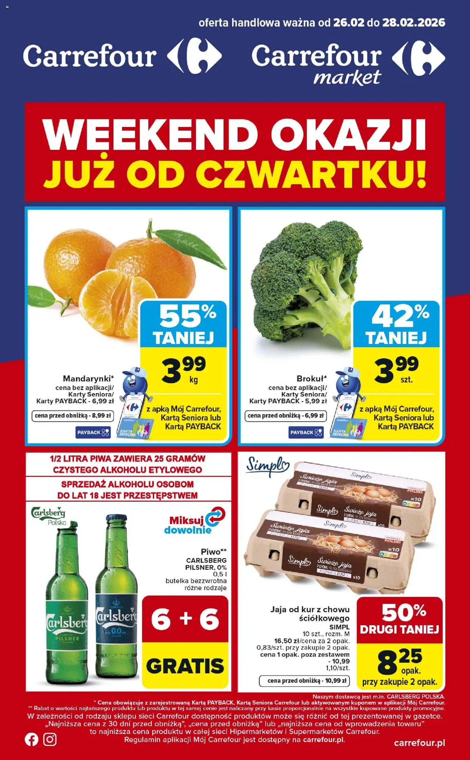 Carrefour Gazetka - Weekend okazji od 26.02.2026 | Strona: 1 | Produkty: Karta, Piwo, Jaja