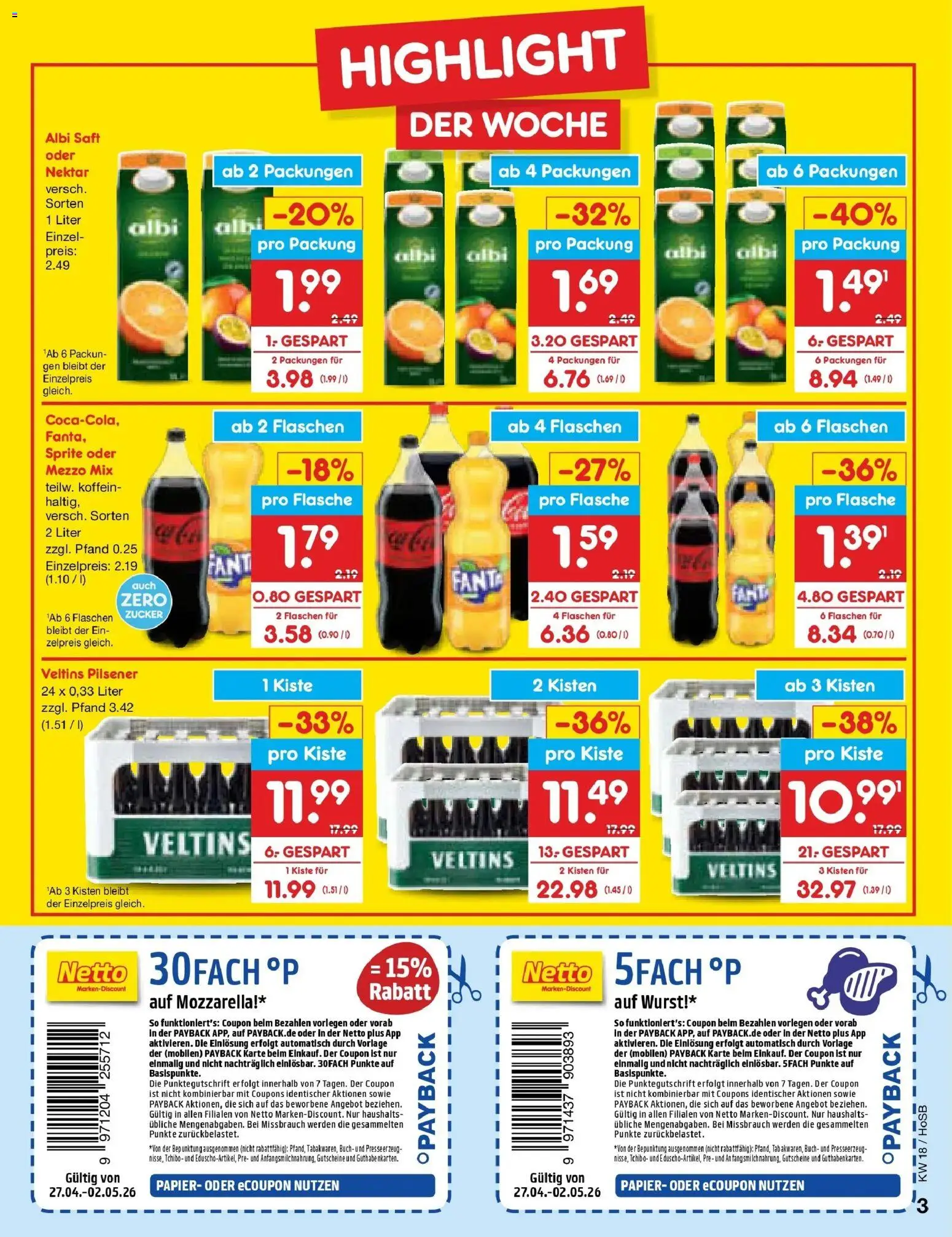 Netto Marken-Discount Prospekt Hannover	 – gültig ab 27.04.2026 | Seite: 3 | Produkte: Mezzo mix, Sprite, Wurst, Saft