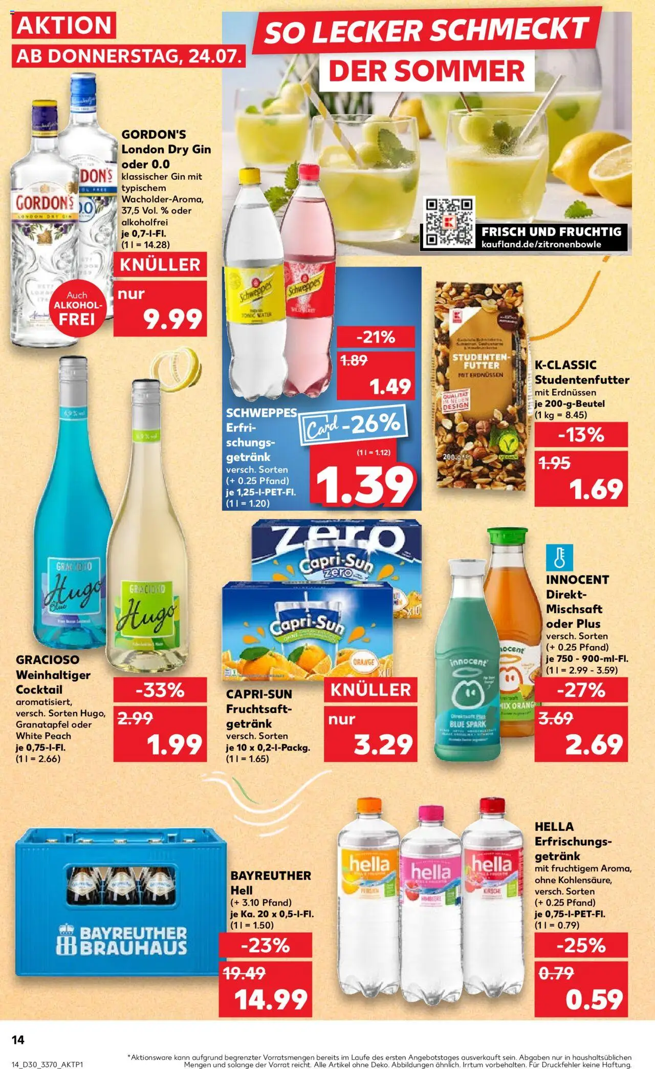 Kaufland Prospekt 	 - gültig ab dem 24.07.2025 | Seite: 14 | Produkte: Bayreuther hell, Granatapfel, Schweppes, Hugo