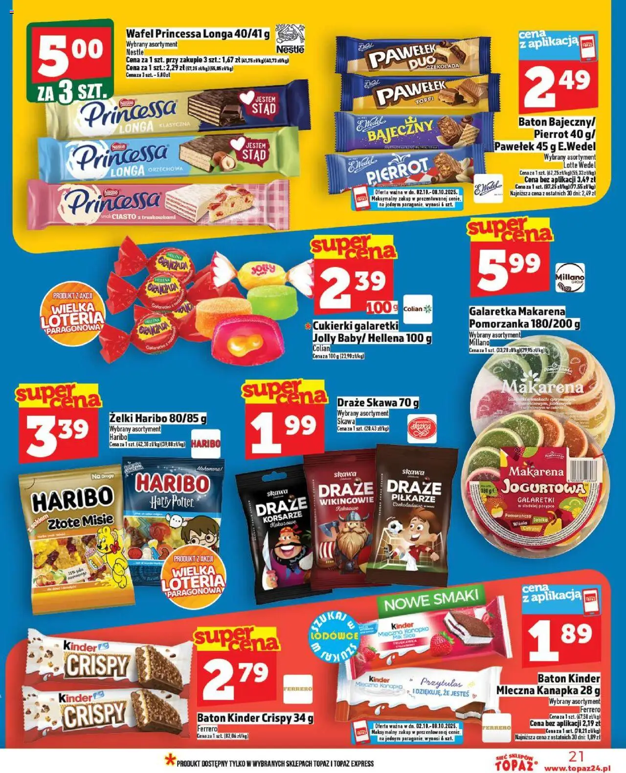 Topaz Gazetka - Ceny małe na stałe od 02.10.2025 | Strona: 21 | Produkty: Żelki haribo, Galaretka, Ciasto, Cukierki galaretki