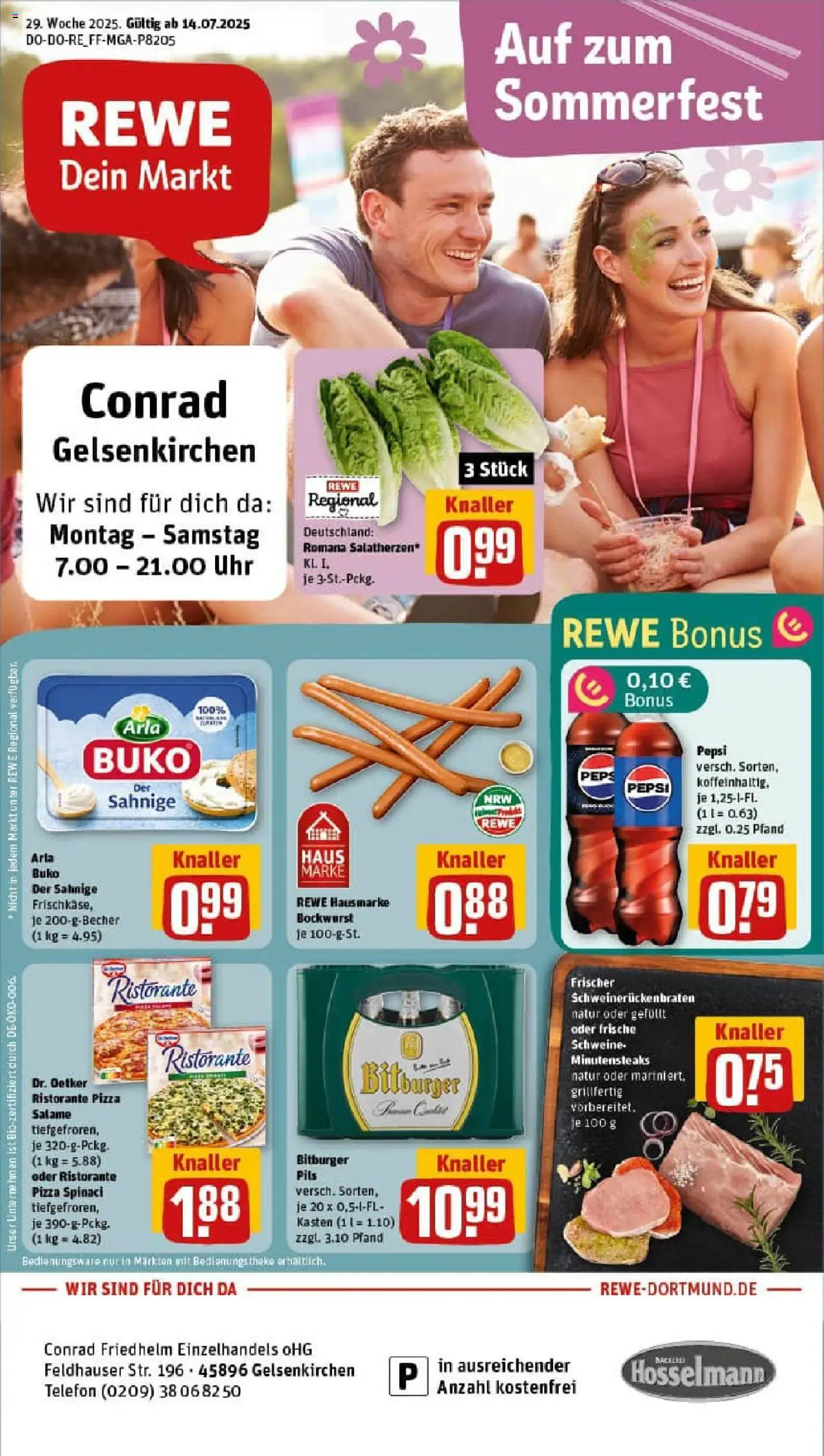 Rewe prospekt Gelsenkirchen / Scholven	 - gültig ab dem 13.07.2025 | Seite: 1 | Produkte: Ristorante, Bockwurst, Theke, Pils