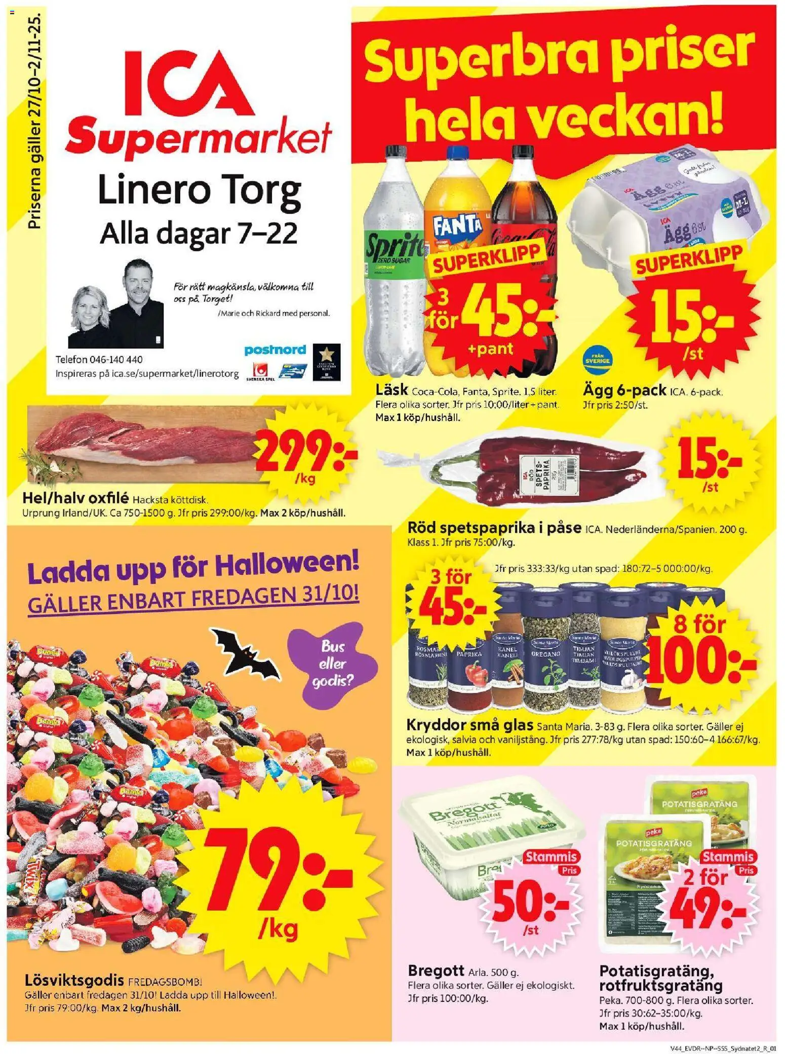 ICA Supermarket reklamblad aktuell från 27.10.2025 | Sida: 1 | Produkter: Potatisgratäng, Fanta, Godis, Telefon