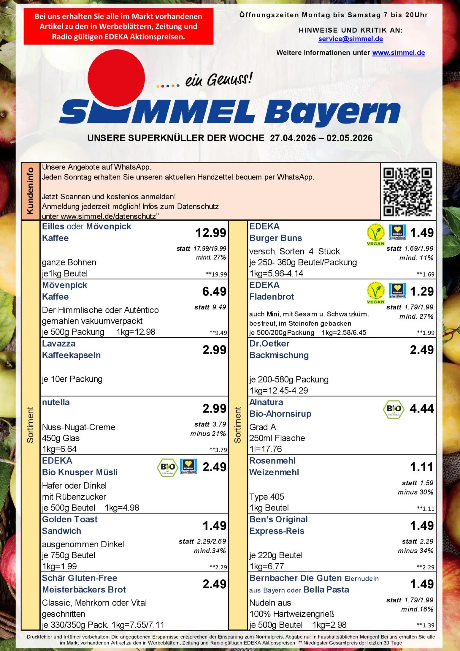 Simmel Bayern – gültig ab 27.04.2026 | Seite: 1 | Produkte: Kaffee, Toast, Nutella, Nudeln