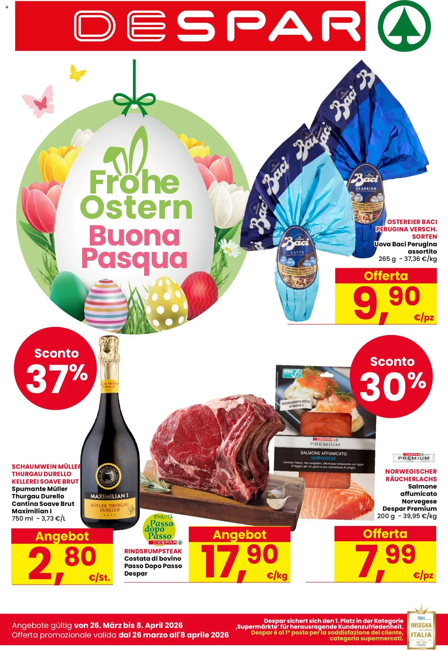 Volantino Despar del 26.03.2026 | Pagina: 1 | Prodotti: Bovino, Salmone, Latte, Spumante