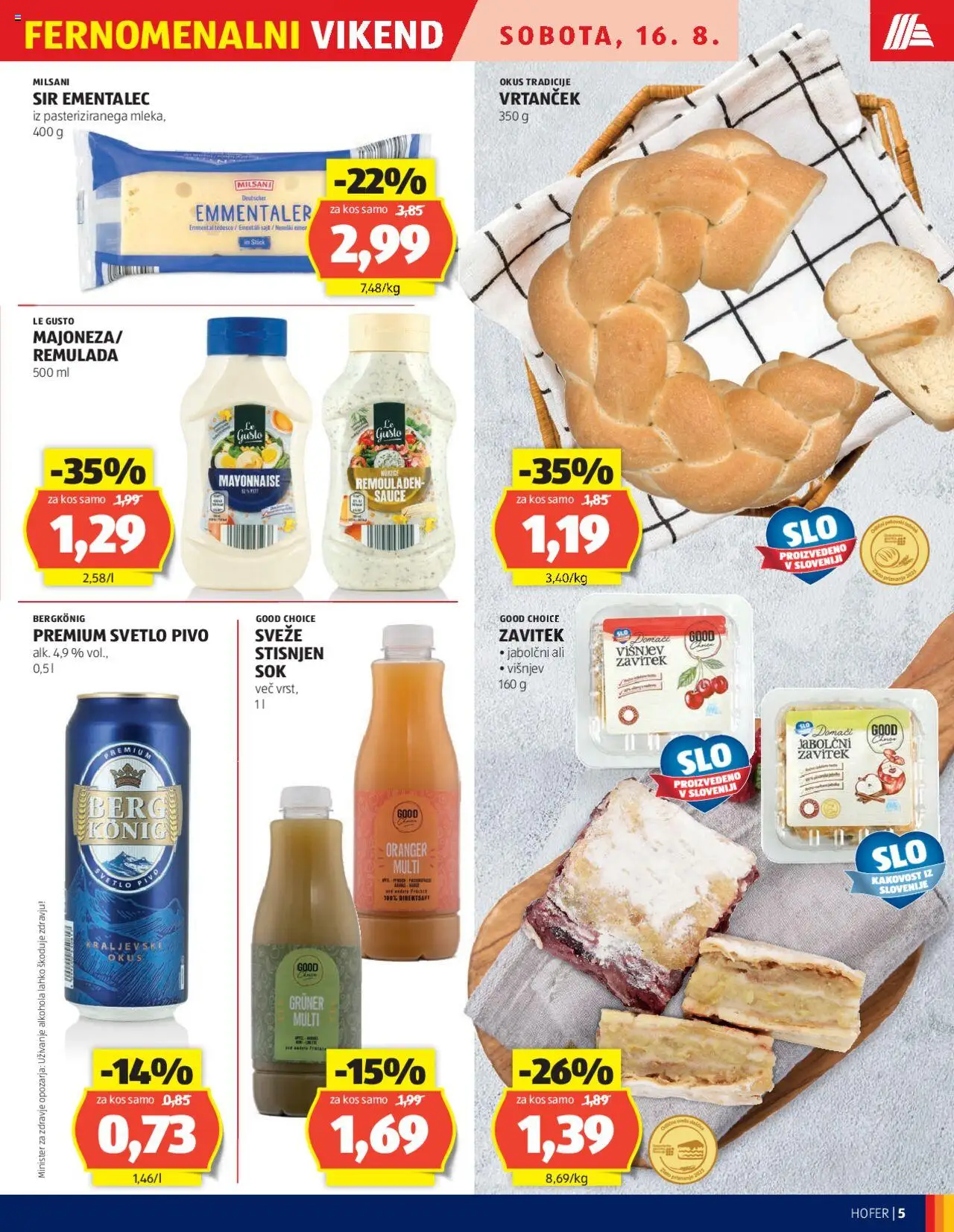 Hofer katalog │ velja od 14.08.2025 | Stran: 5 | Izdelki: Kos, Sir, Sok, Pivo