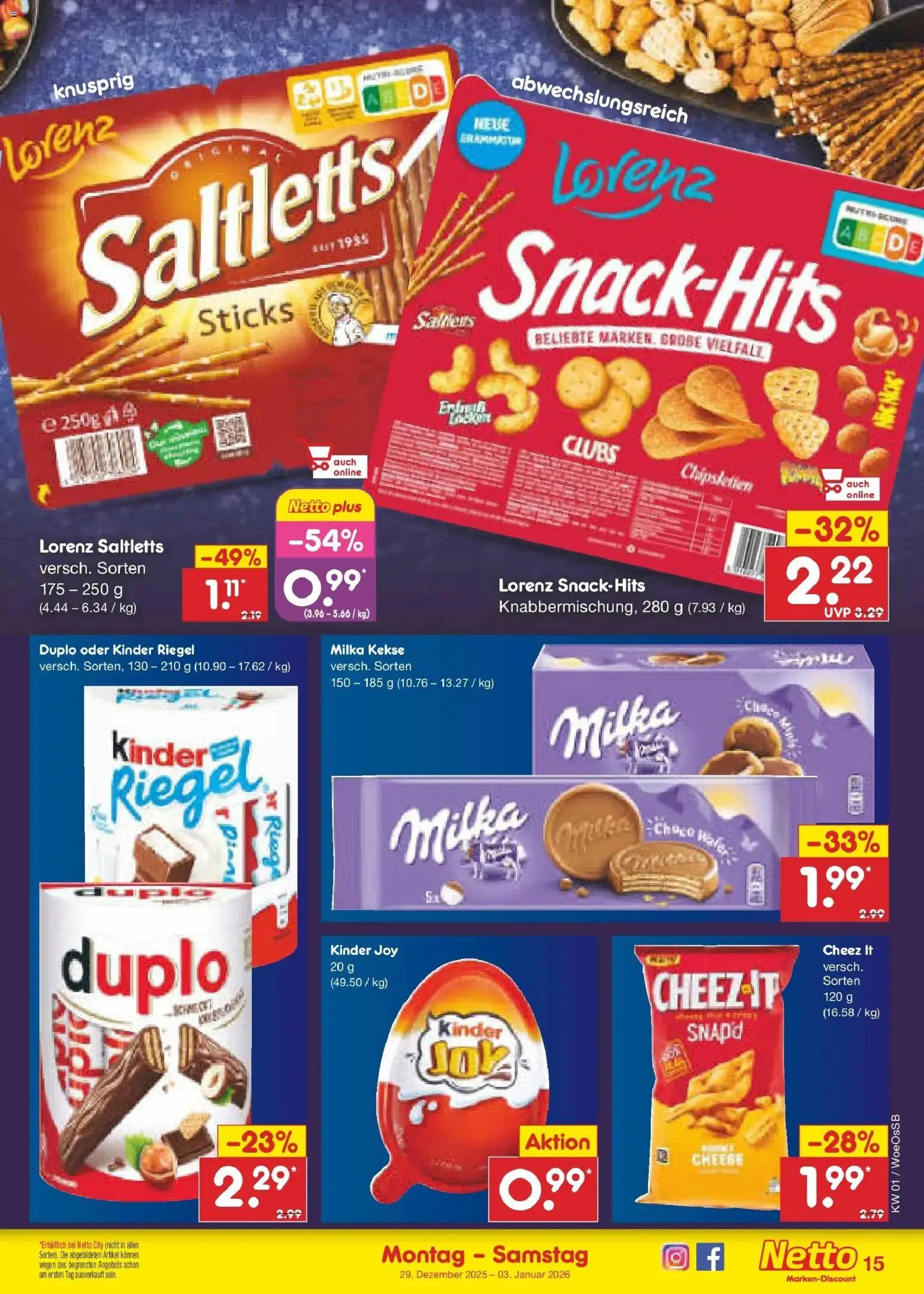 Netto Marken-Discount prospekt Gemmingen	 – gültig ab 28.12.2025 | Seite: 15 | Produkte: Milka, Kinder riegel, Kinder joy, Kekse