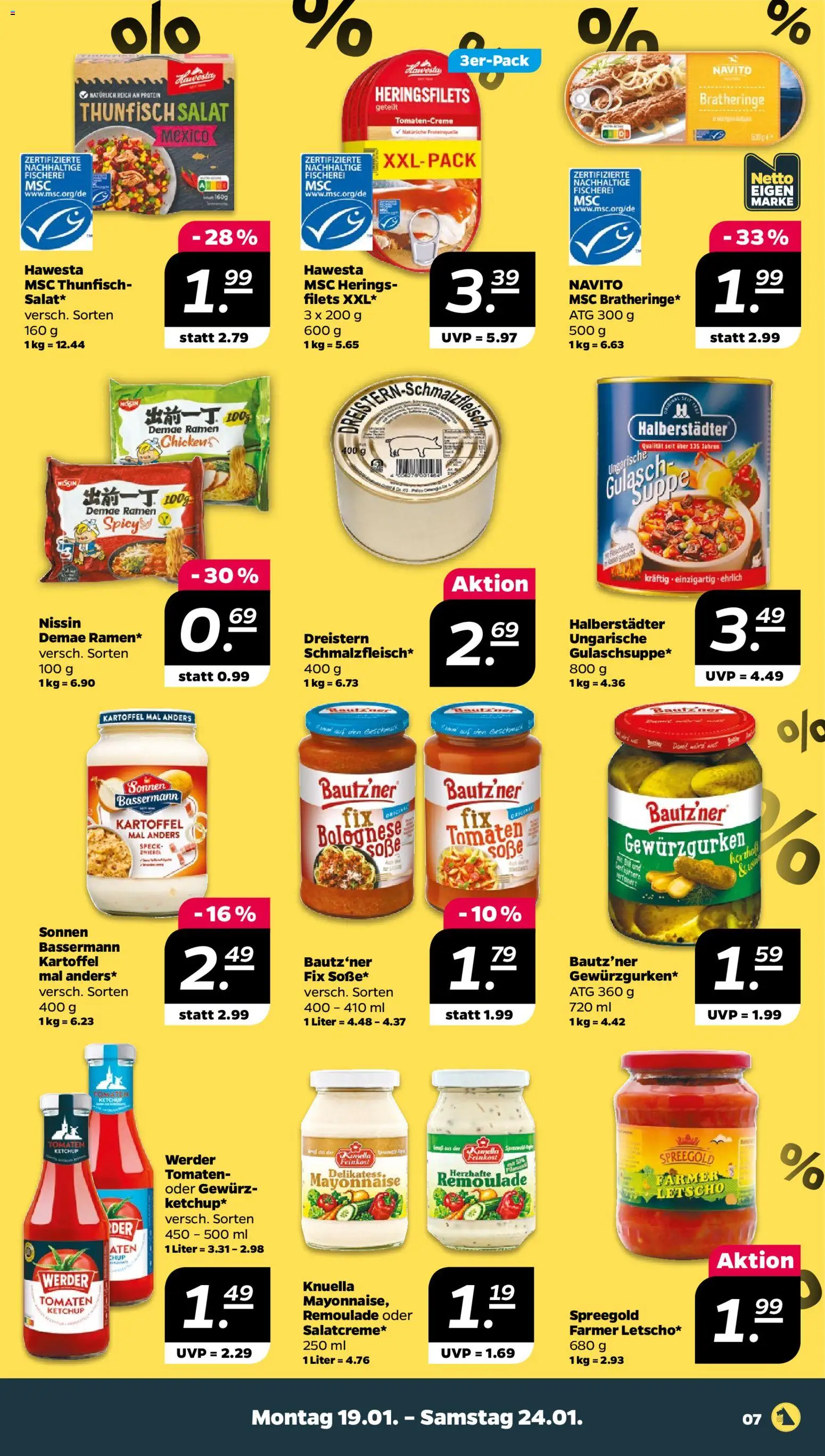 Netto Prospekt 	 – gültig ab 19.01.2026 | Seite: 7 | Produkte: Thunfisch, Tomaten, Mayonnaise, Gulasch