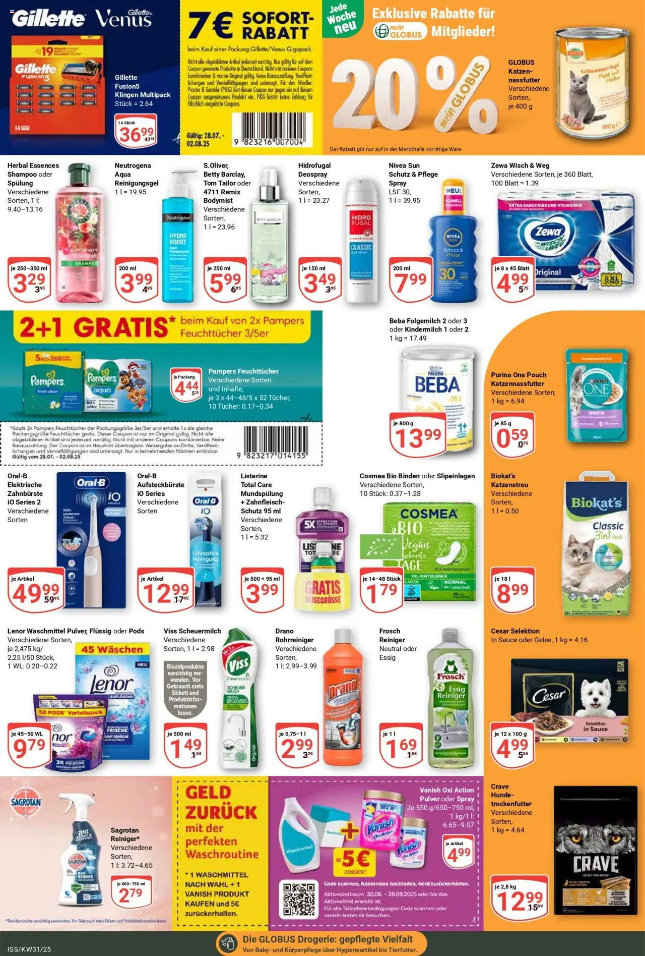 Globus Prospekt 	 - gültig ab dem 28.07.2025 | Seite: 14 | Produkte: Purina one, Zewa, Spülung, Zahnbürste