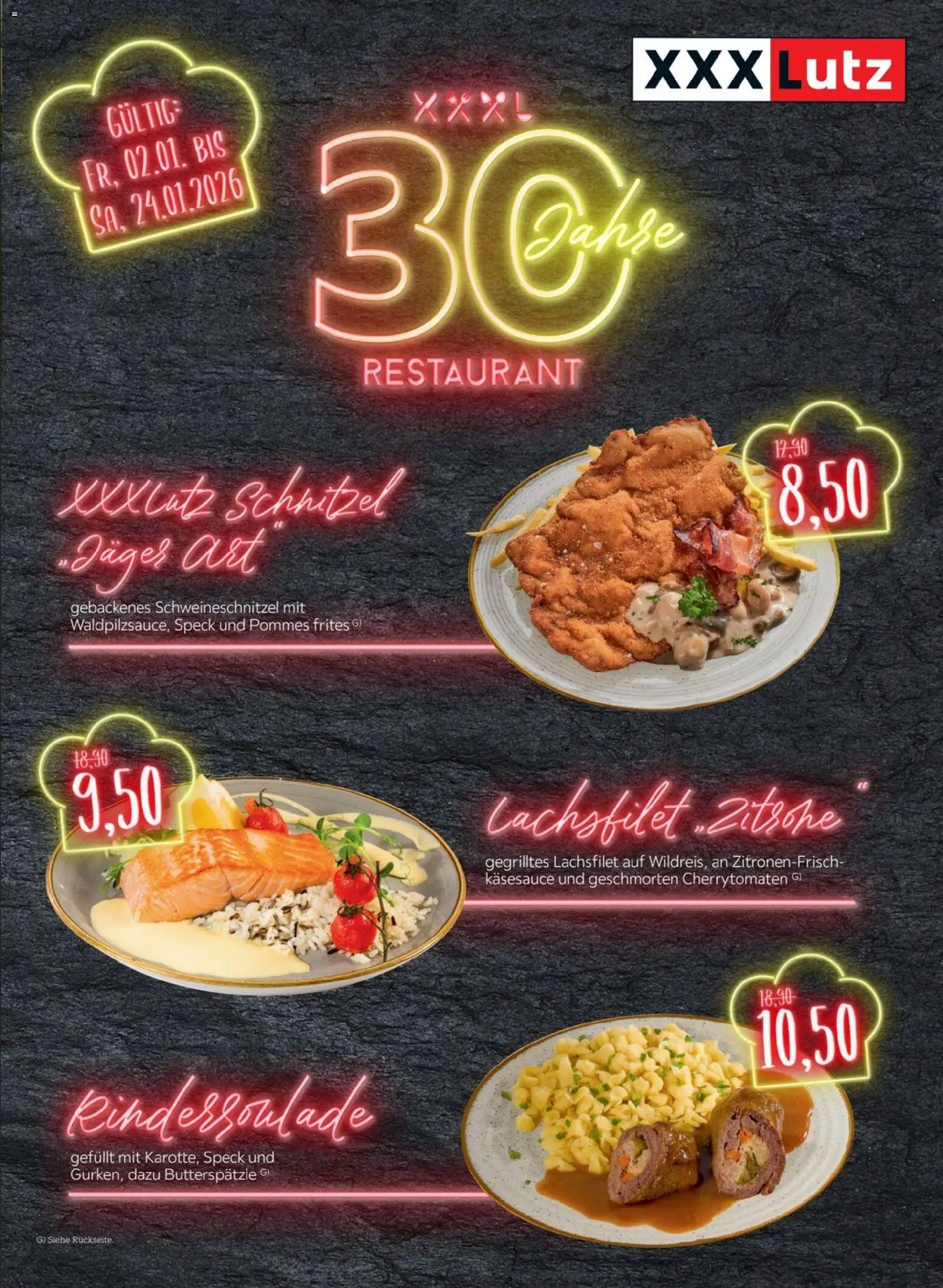XXXL Lutz Restaurantgutscheine – gültig ab 02.01.2026 | Seite: 1 | Produkte: Pommes, Pommes frites, Schnitzel, Zitrone