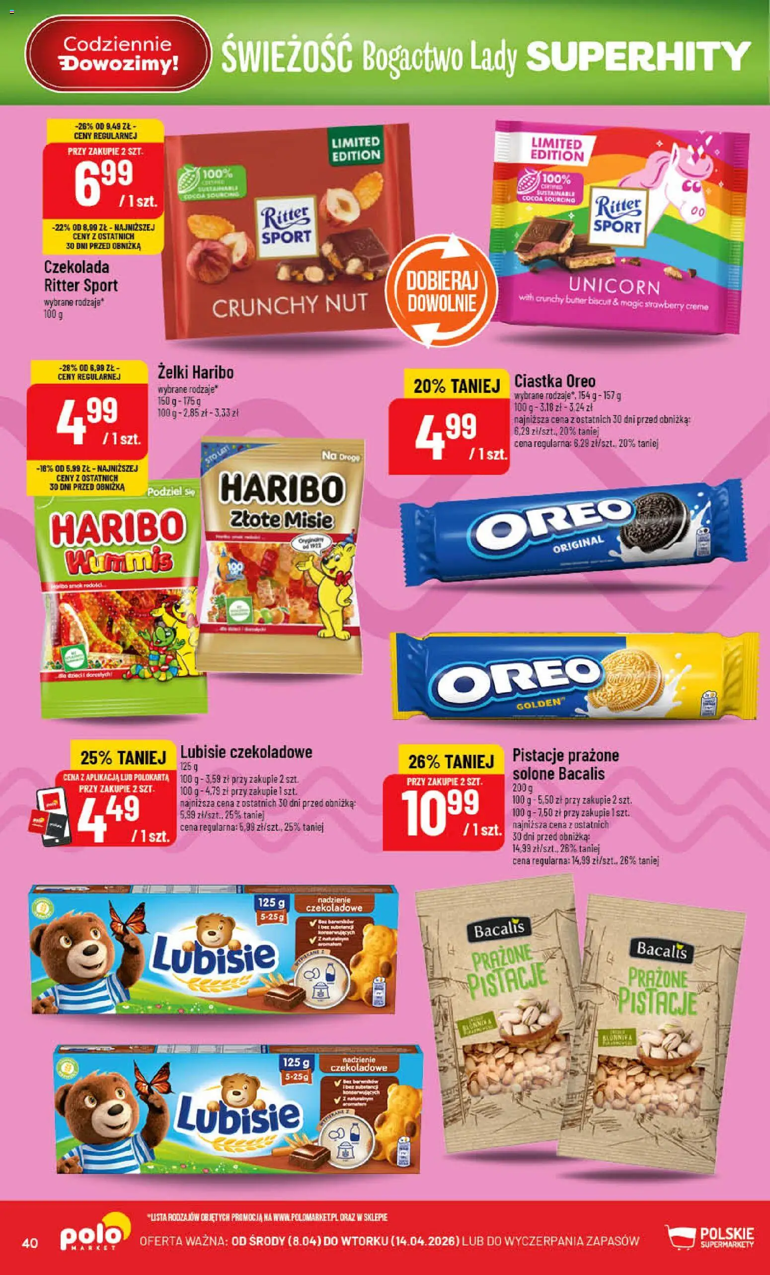 POLOmarket gazetka od 08.04.2026 | Strona: 40 | Produkty: Żelki haribo, Ciastka Oreo, Żelki, Ciastka