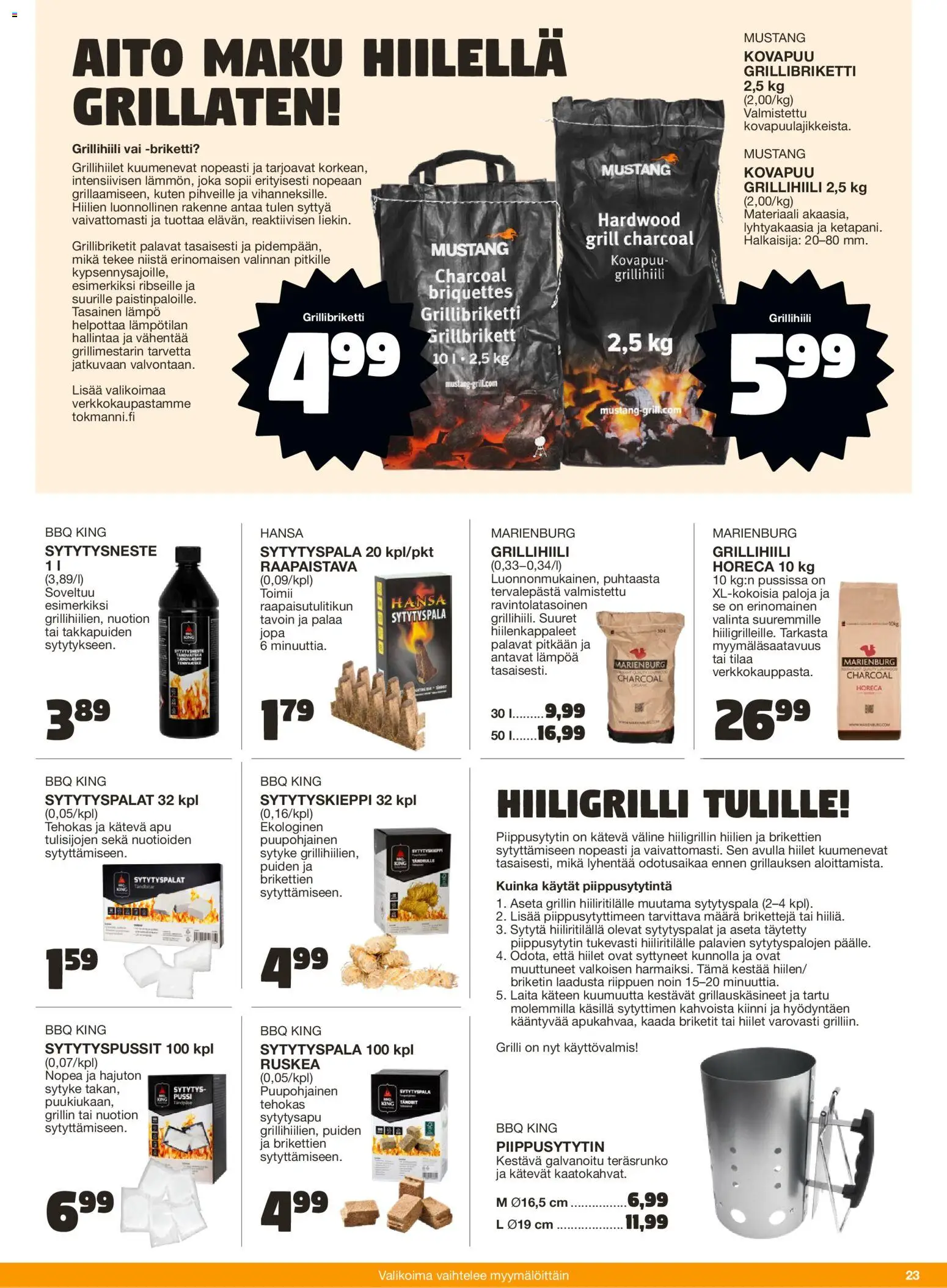 Tokmanni - Kesä 2026 – voimassa 02.04.2026 alkaen | Sivu: 23 | Tuotteet: Grilli, Briketit, Sytytysneste, Hiiligrilli