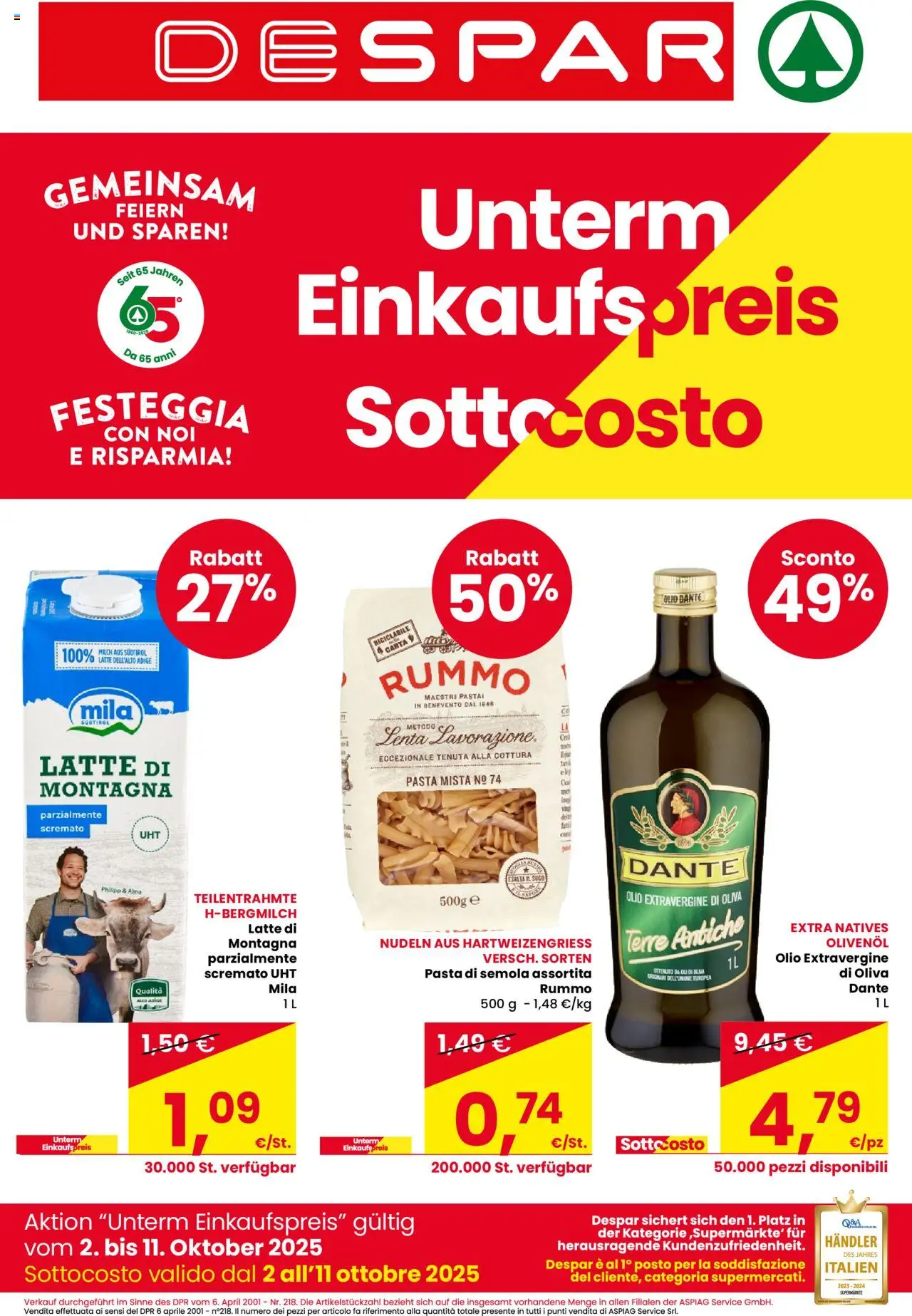 Volantino Despar del 02.10.2025 | Pagina: 1 | Prodotti: Latte, Olio, Pasta