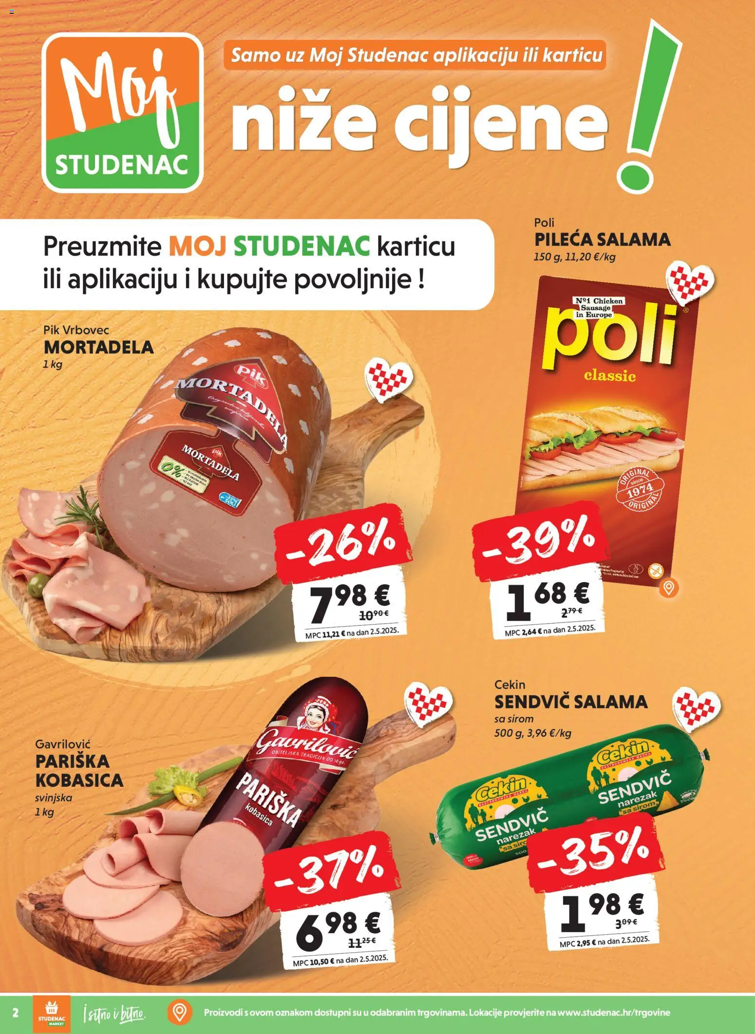 Studenac katalog | vrijedi od 11.02.2026 | Stranica: 2 | Proizvodi: Salama, Mortadela, Kobasica, Pik Vrbovec