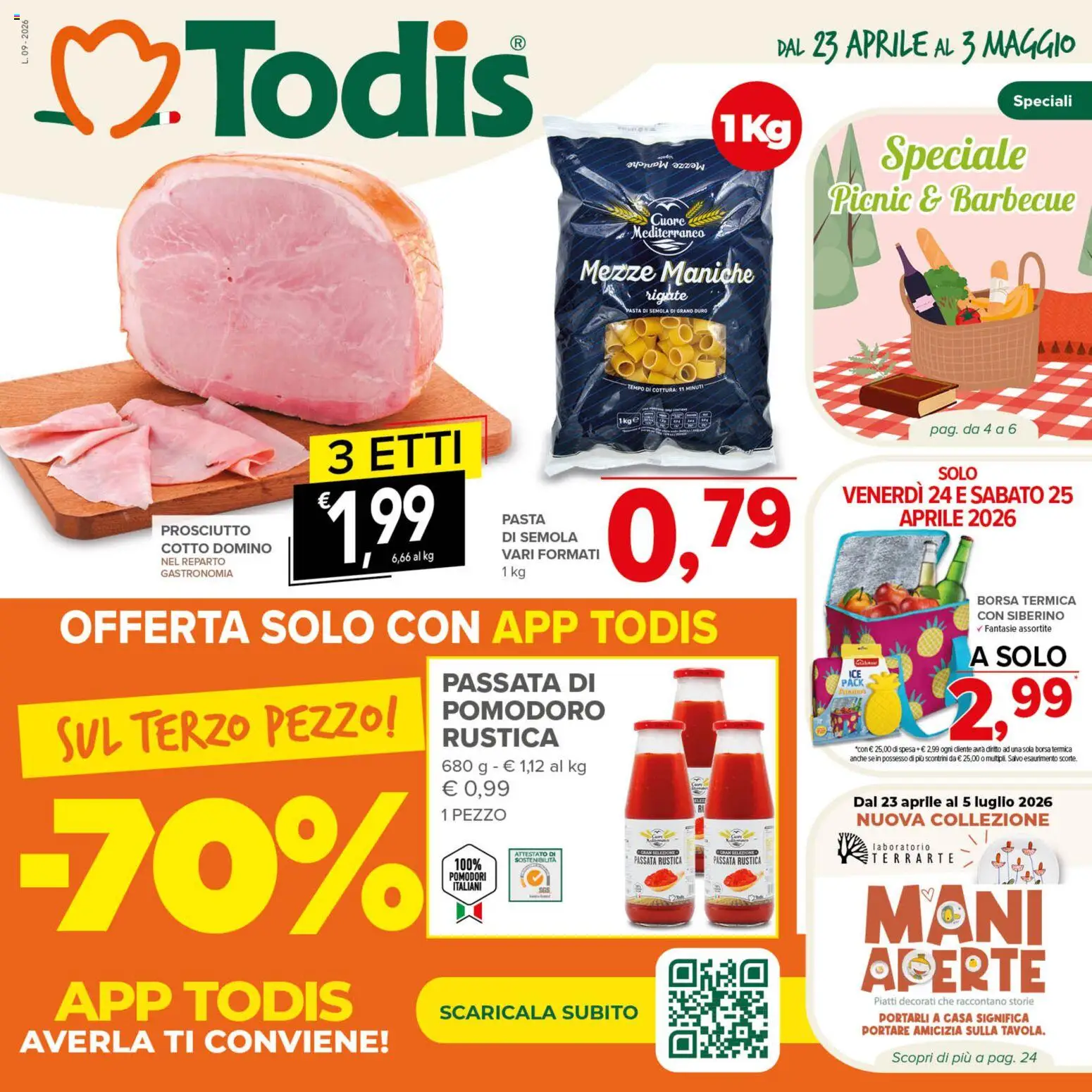 Volantino Todis del 23.04.2026 | Pagina: 1 | Prodotti: Prosciutto Cotto, Prosciutto, Pomodori, Borsa termica