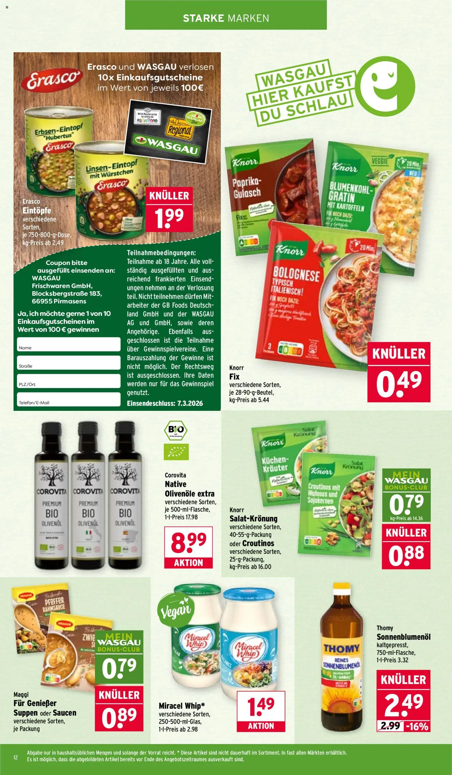 Wasgau Prospekt 	 – gültig ab 23.02.2026 | Seite: 12 | Produkte: Knorr, Kartoffeln, Blumenkohl, Kuchen