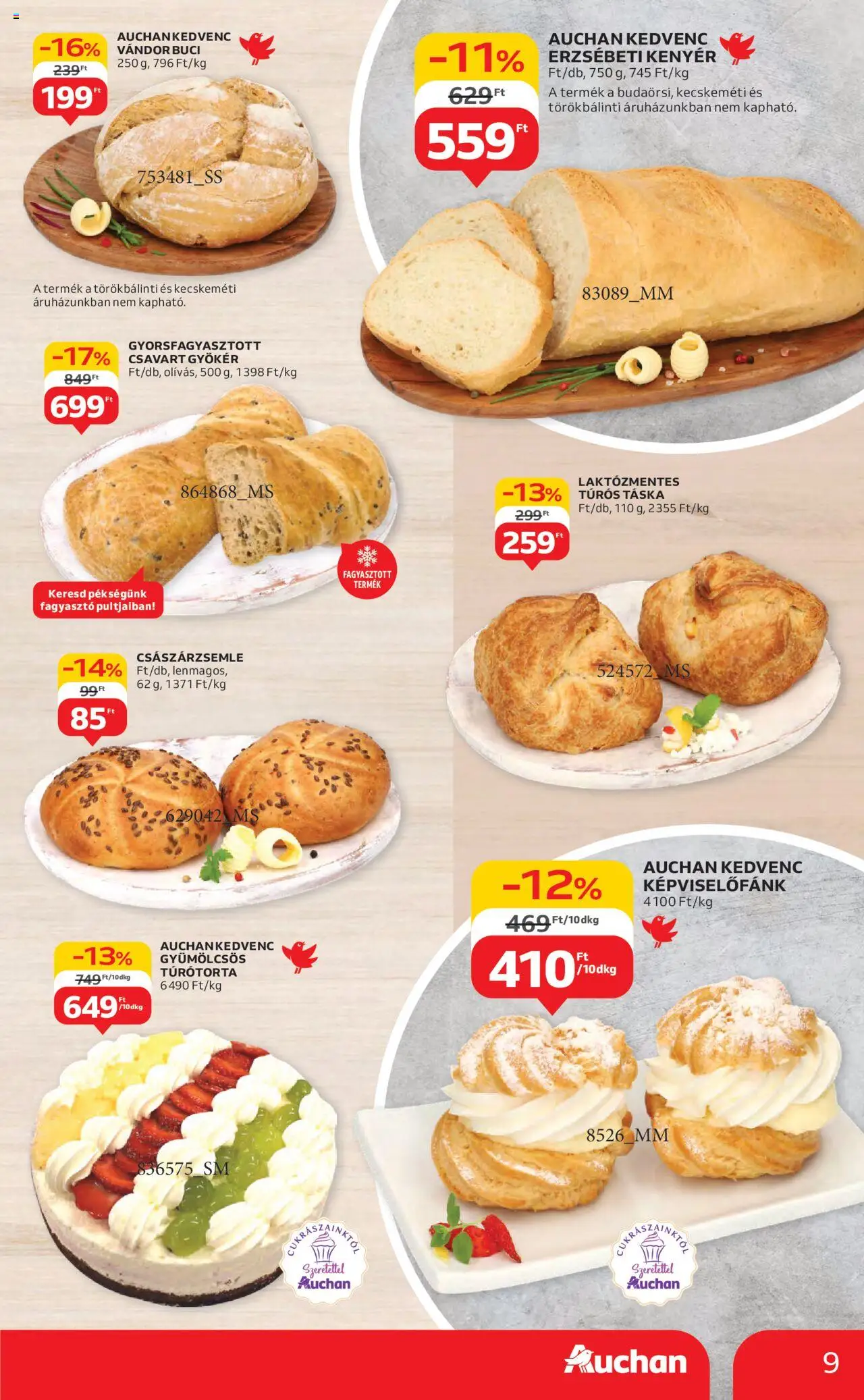 Auchan akciós ujság - amely érvényes a következő dátumtól: 14.08.2025 | Oldal: 9 | Termékek: Túrós táska, Táska, Császárzsemle, Kenyér