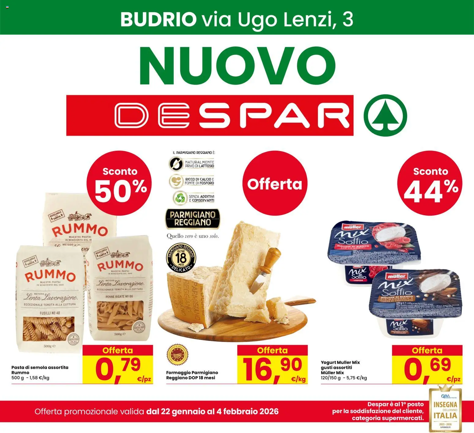 Volantino Despar del 22.01.2026 | Pagina: 1 | Prodotti: Formaggio, Lampone, Parmigiano reggiano, Penne