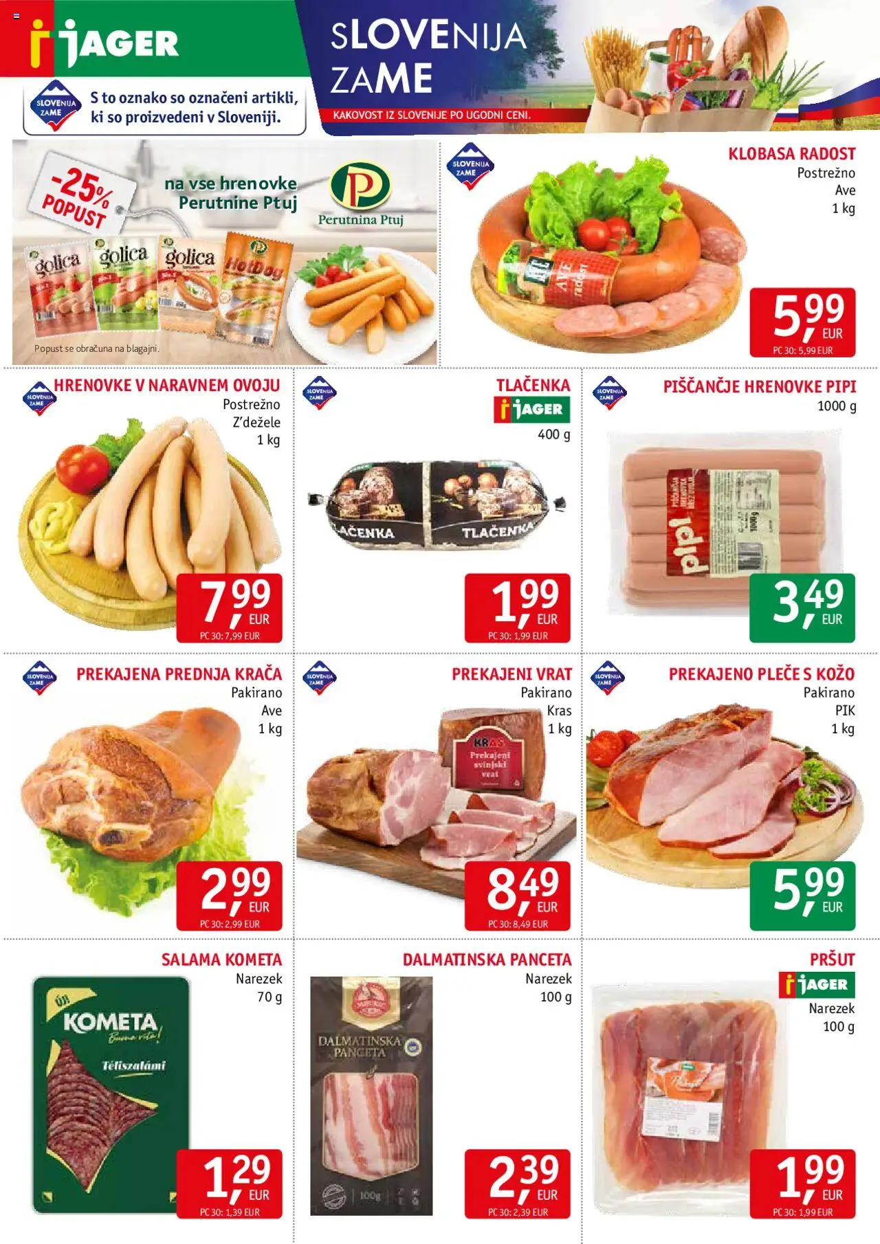 Novi Jager katalog ponudbe – veljaven od 15.10.2025 | Stran: 2 | Izdelki: Hrenovke, Pršut, Panceta, Narezek