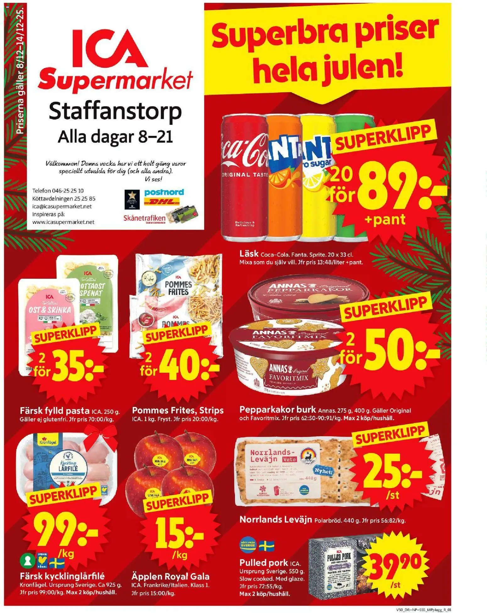 ICA Supermarket reklamblad aktuell från 08.12.2025 | Sida: 1 | Produkter: Spenat, Ost, Skinka, Äpplen