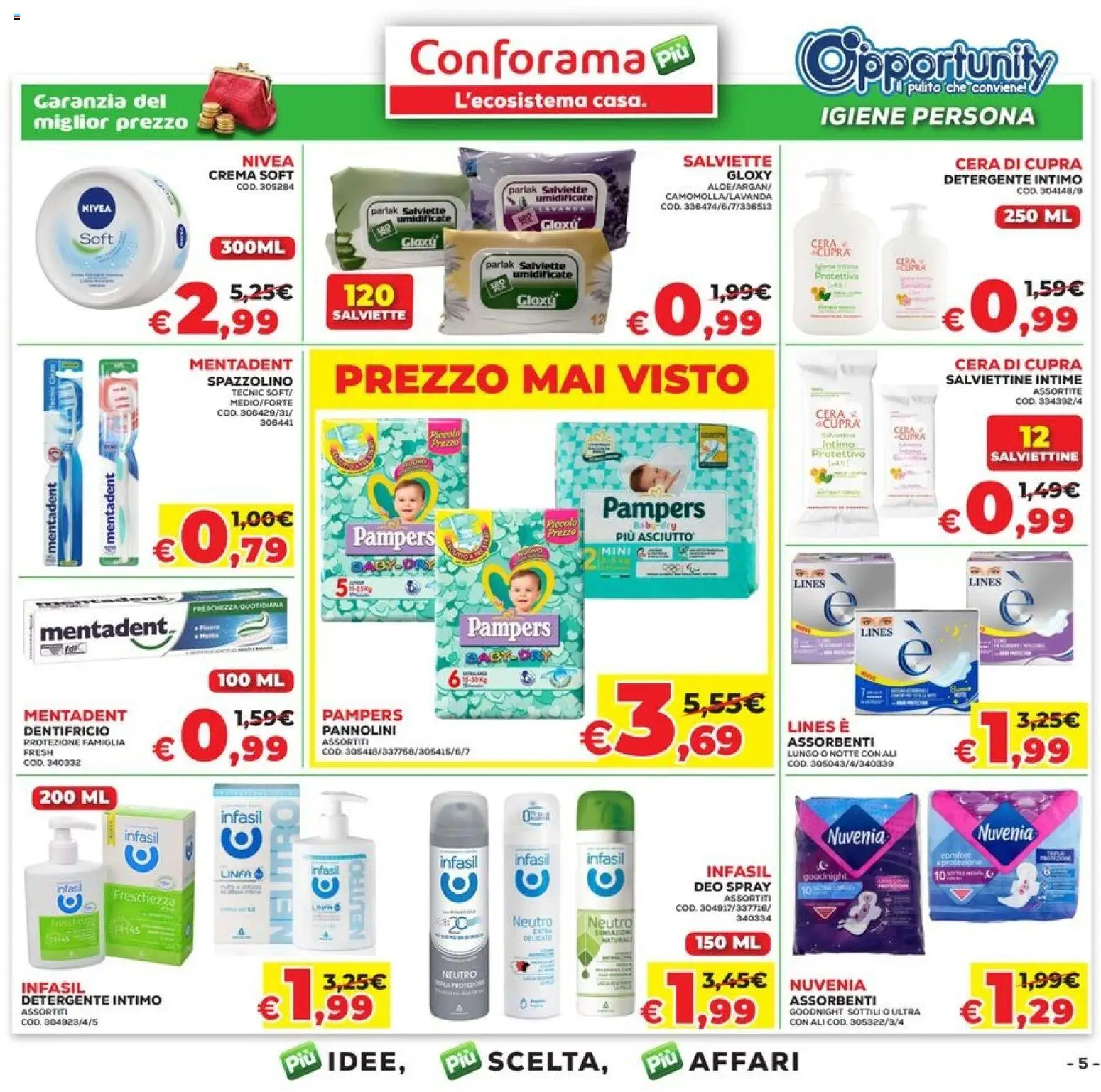 Volantino Conforama del 09.04.2026 | Pagina: 5 | Prodotti: Pannolini, Dentifricio, Detergente intimo, Intimo
